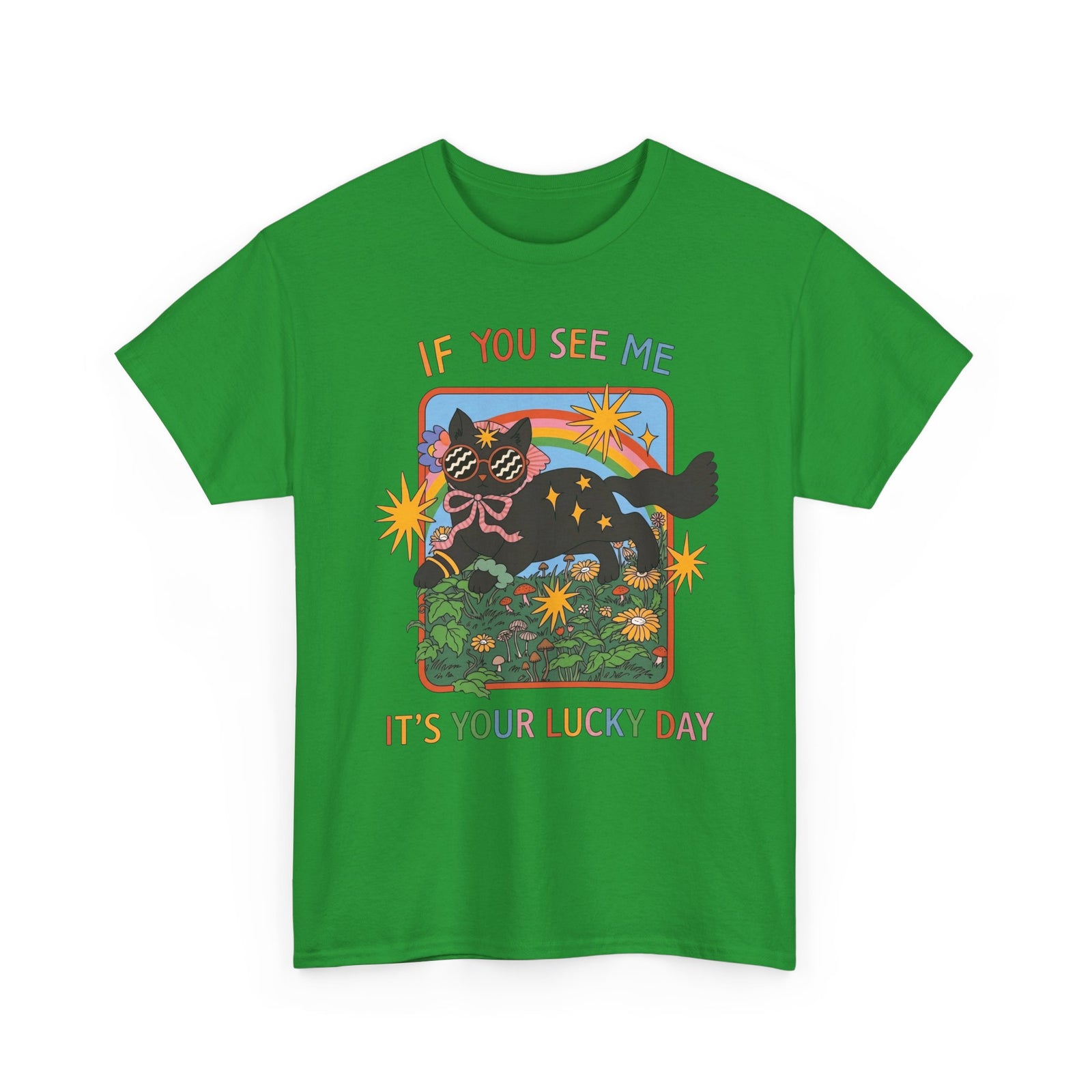 If You See Me It's Your Lucky Day T-Shirt — Retro Groovy Black Cat Rainbow Graphic Tee