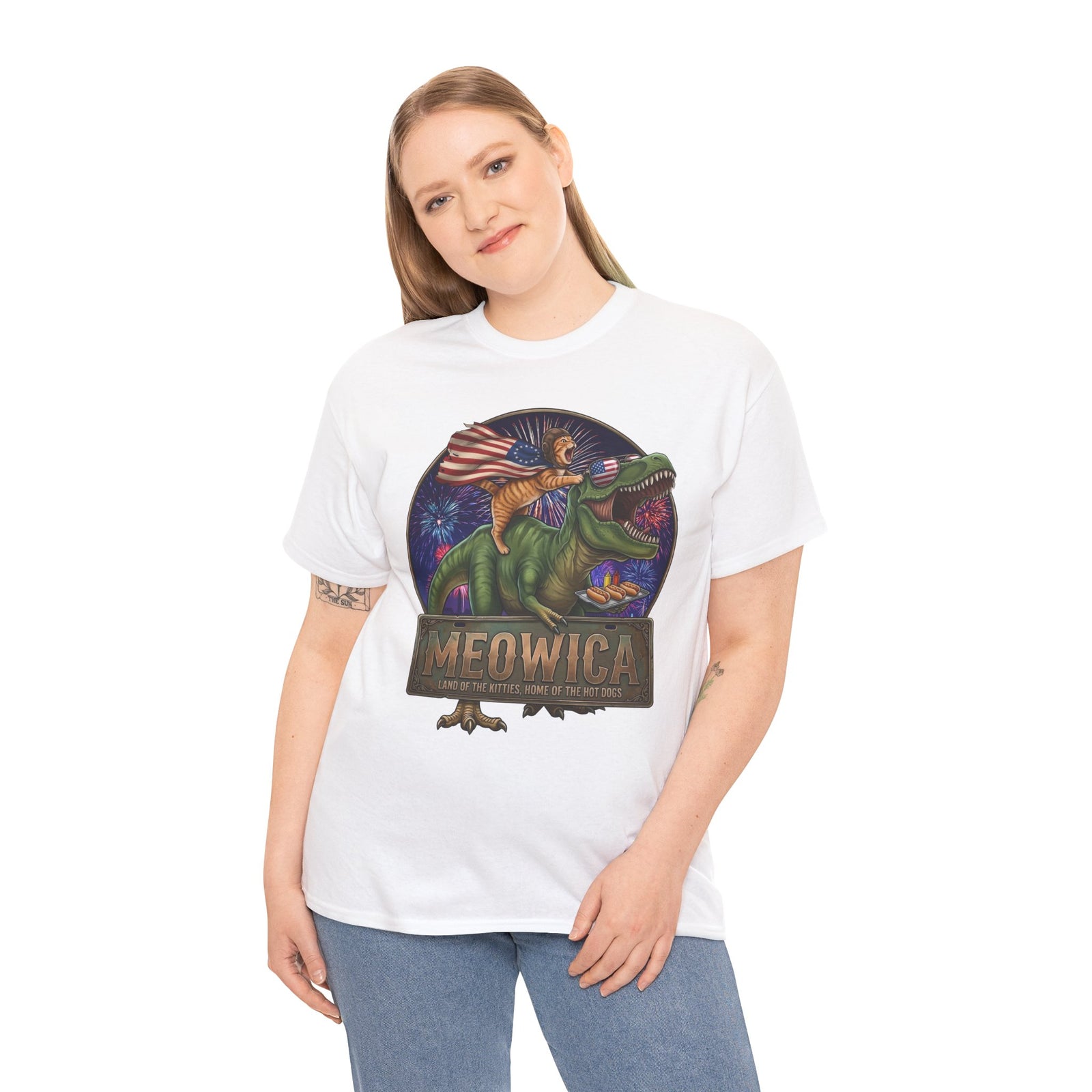 4th of July Cat Riding T‑Rex T‑Shirt "Meowica: Land of the Kitties" Patriotic Graphic