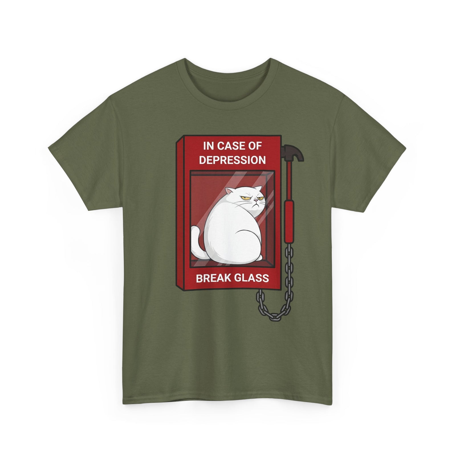 In Case Of Depression Break Glass T-Shirt — Funny Grumpy White Cat Emergency Tee