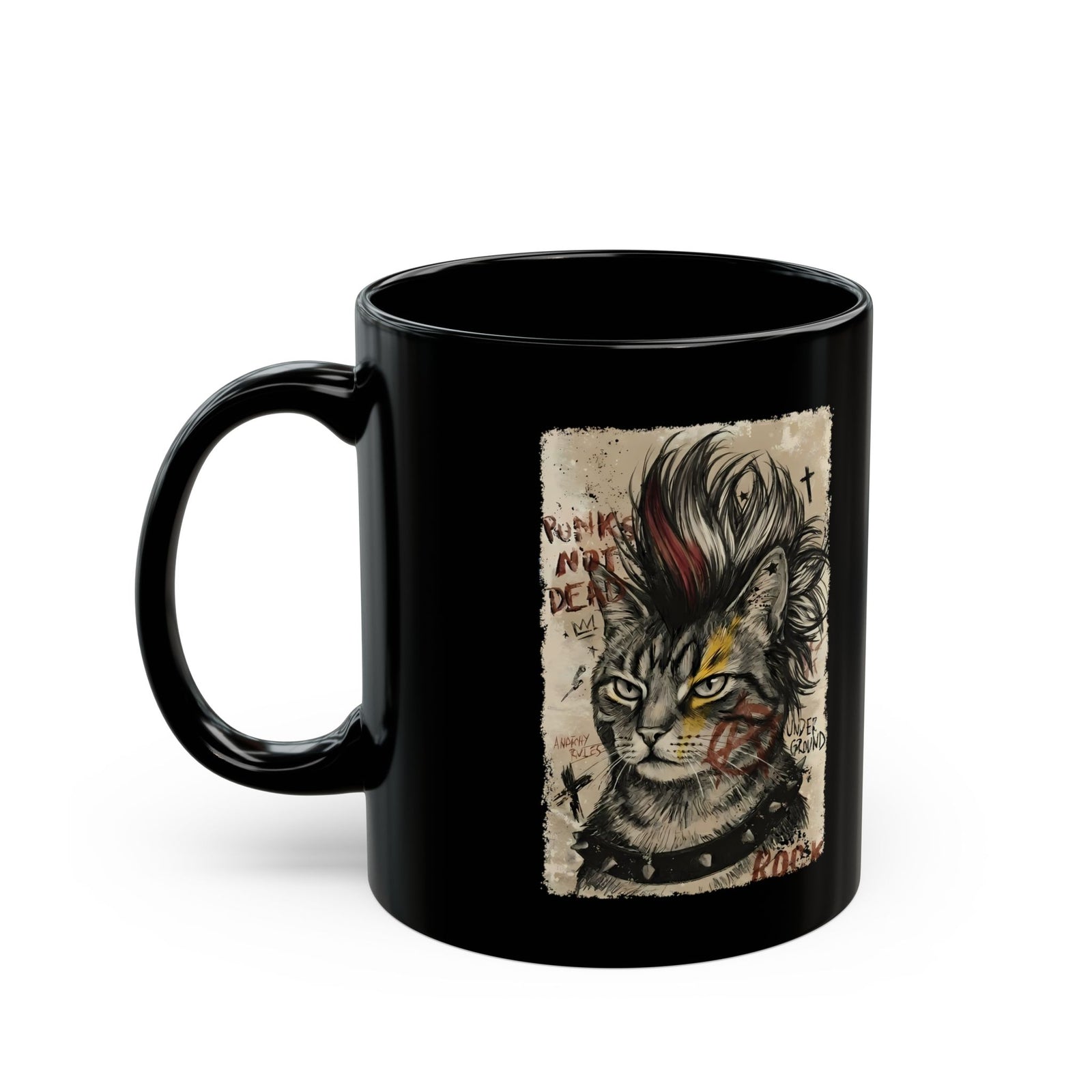 Punks Not Dead Cat Black Mug — Edgy Mohawk Anarchy Feline Graphic