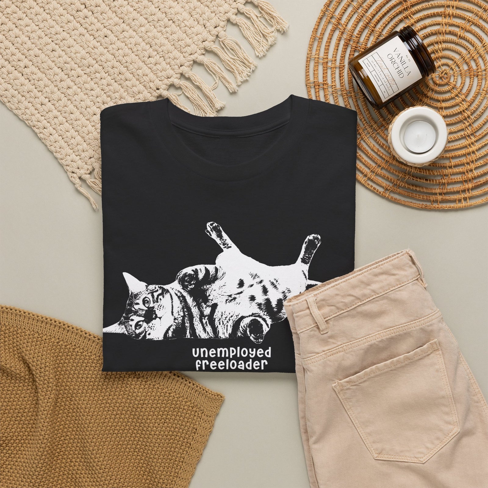 Unemployed Freeloader Cat T-Shirt — Funny Lazy Cat Graphic Tee