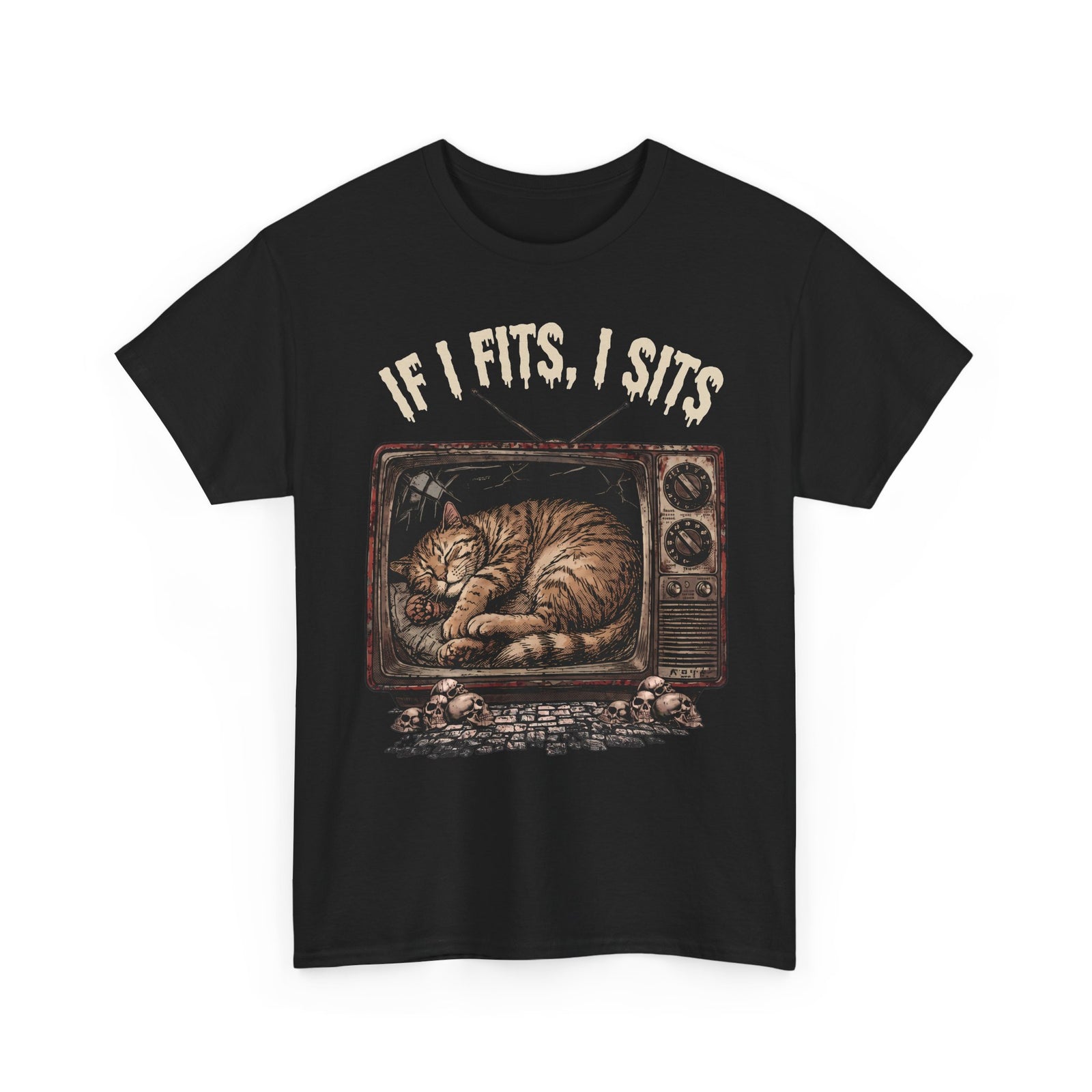 If I Fits I Sits Vintage TV Tabby Cat Shirt — Macabre Horror Meme T-Shirt
