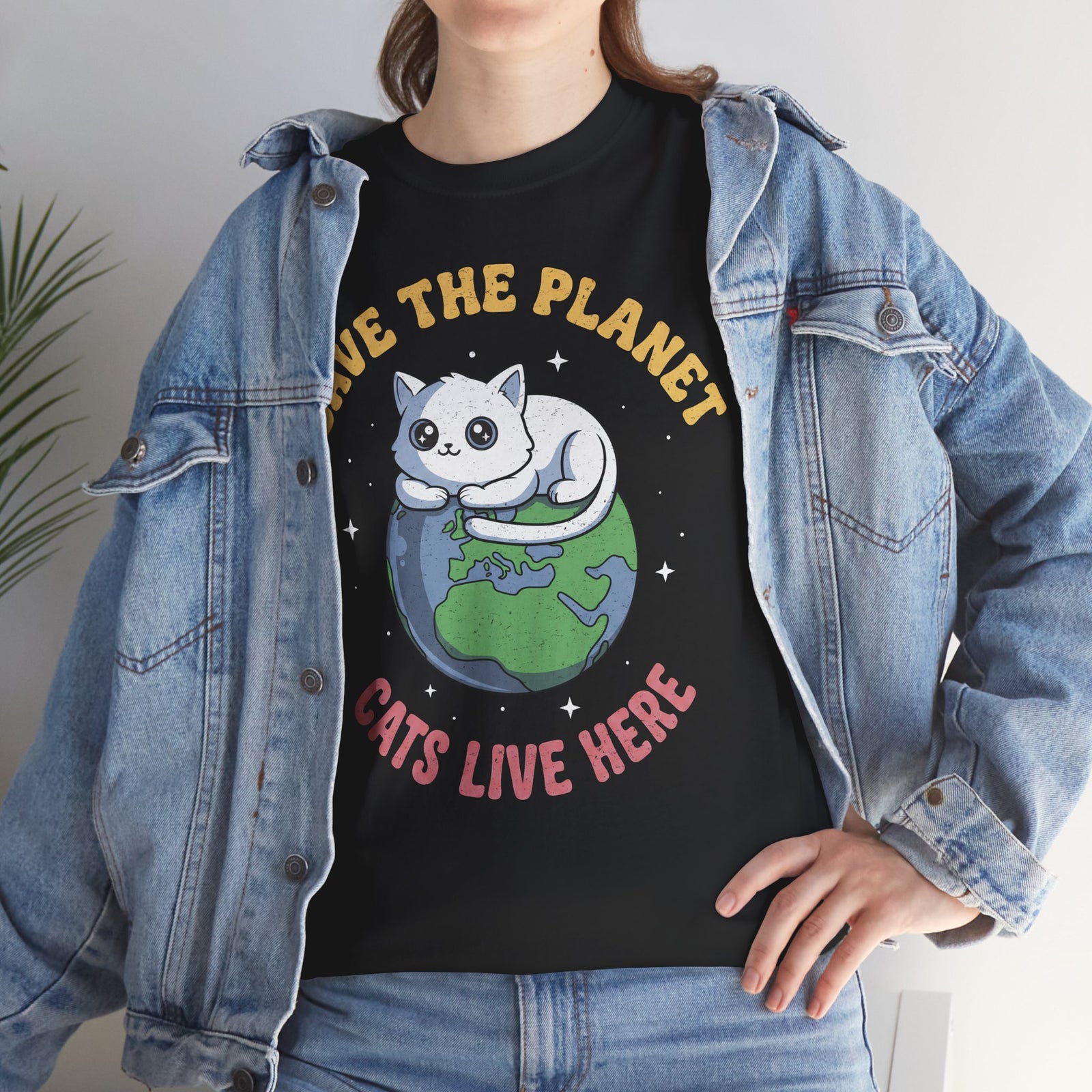 Save The Planet Cats Live Here T-Shirt — Cute White Cat Earth Tee