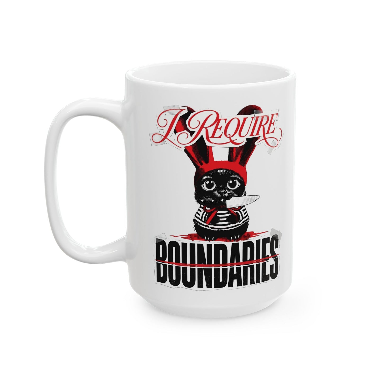 I Require Boundaries Ceramic Mug — Funny Creepy Cute Cat Knife Mug