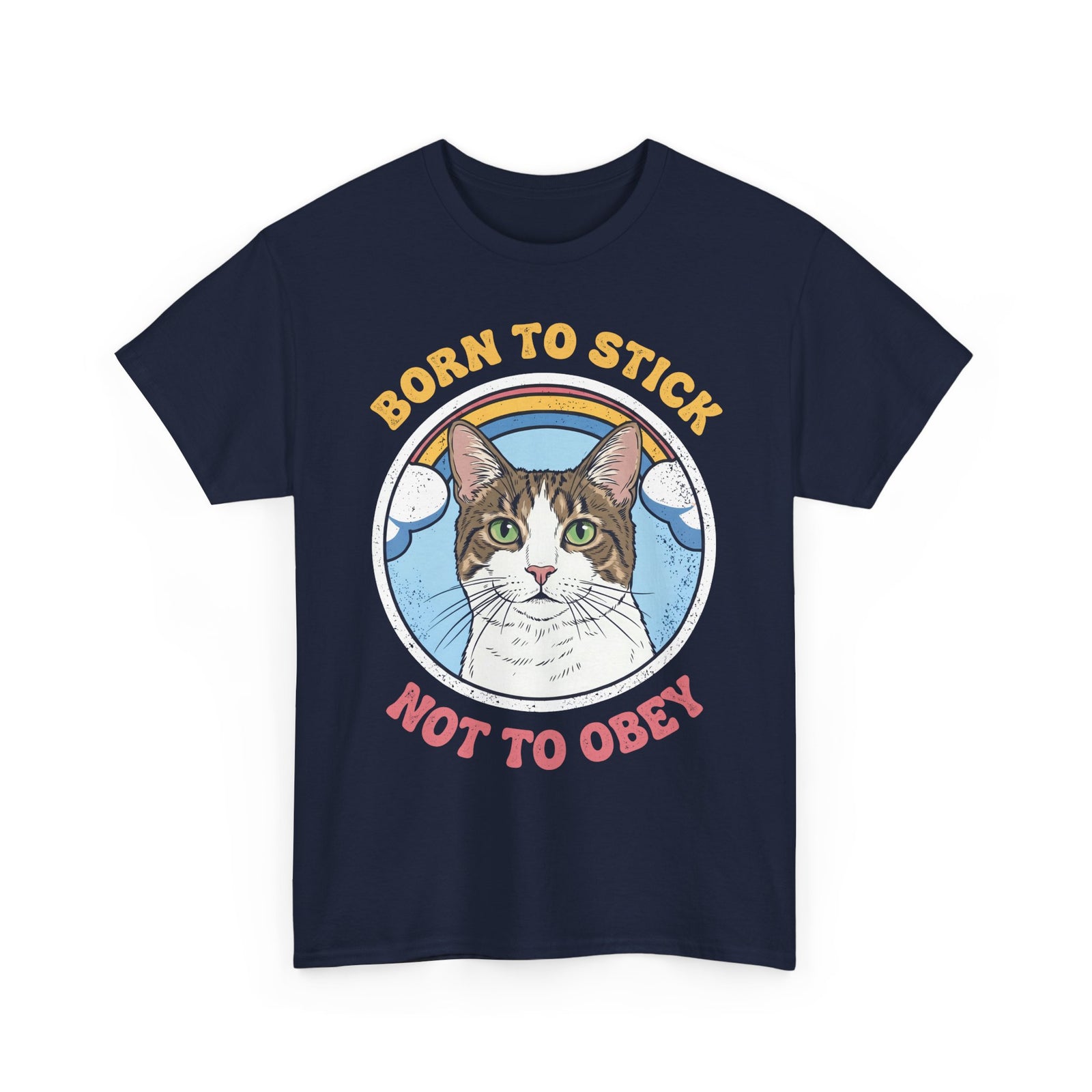 Born To Stick Not To Obey T-Shirt — Retro Rainbow Cat Graphic Tee