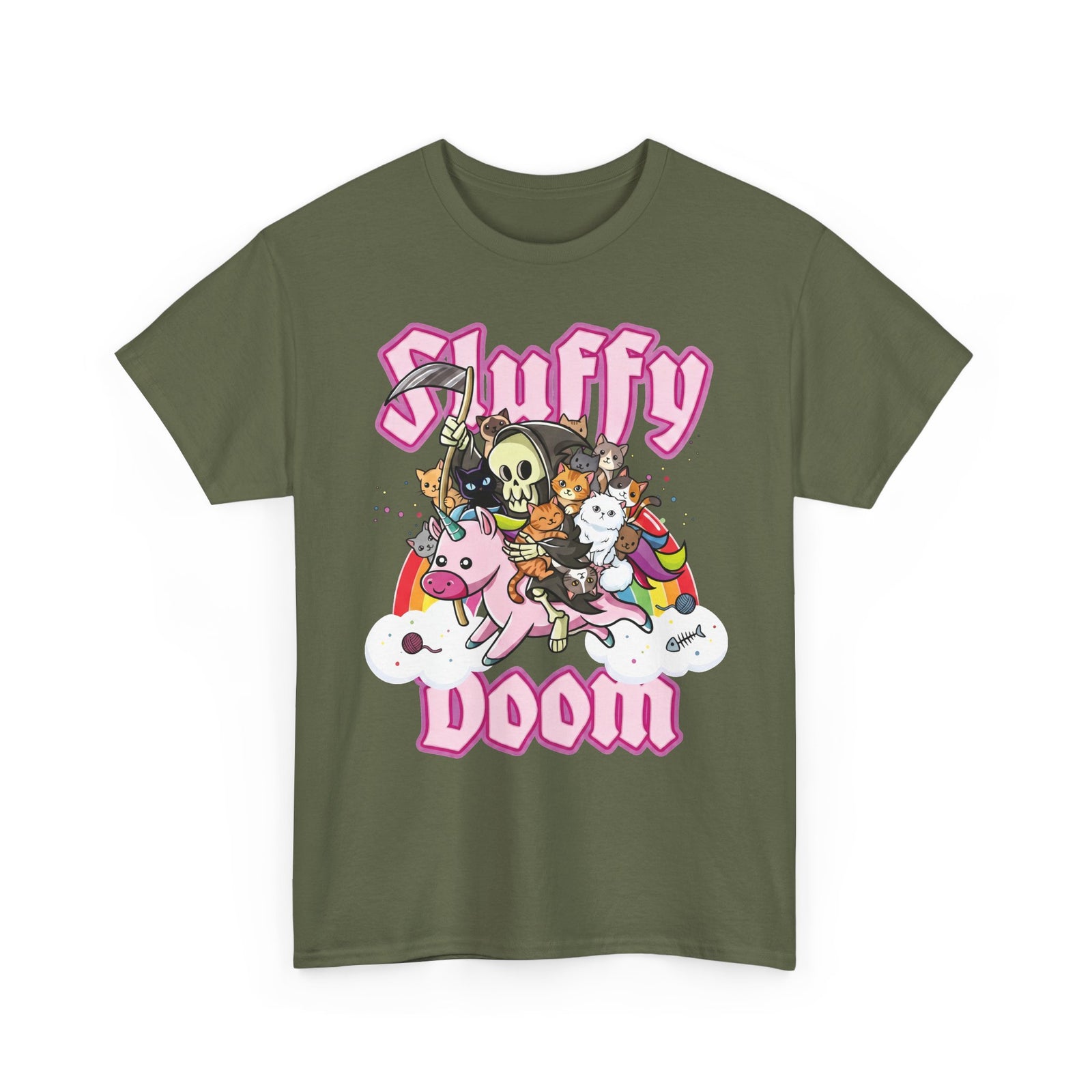 Sluffy Doom Grim Reaper Riding Unicorn T-Shirt — Pastel Goth Cat Tee