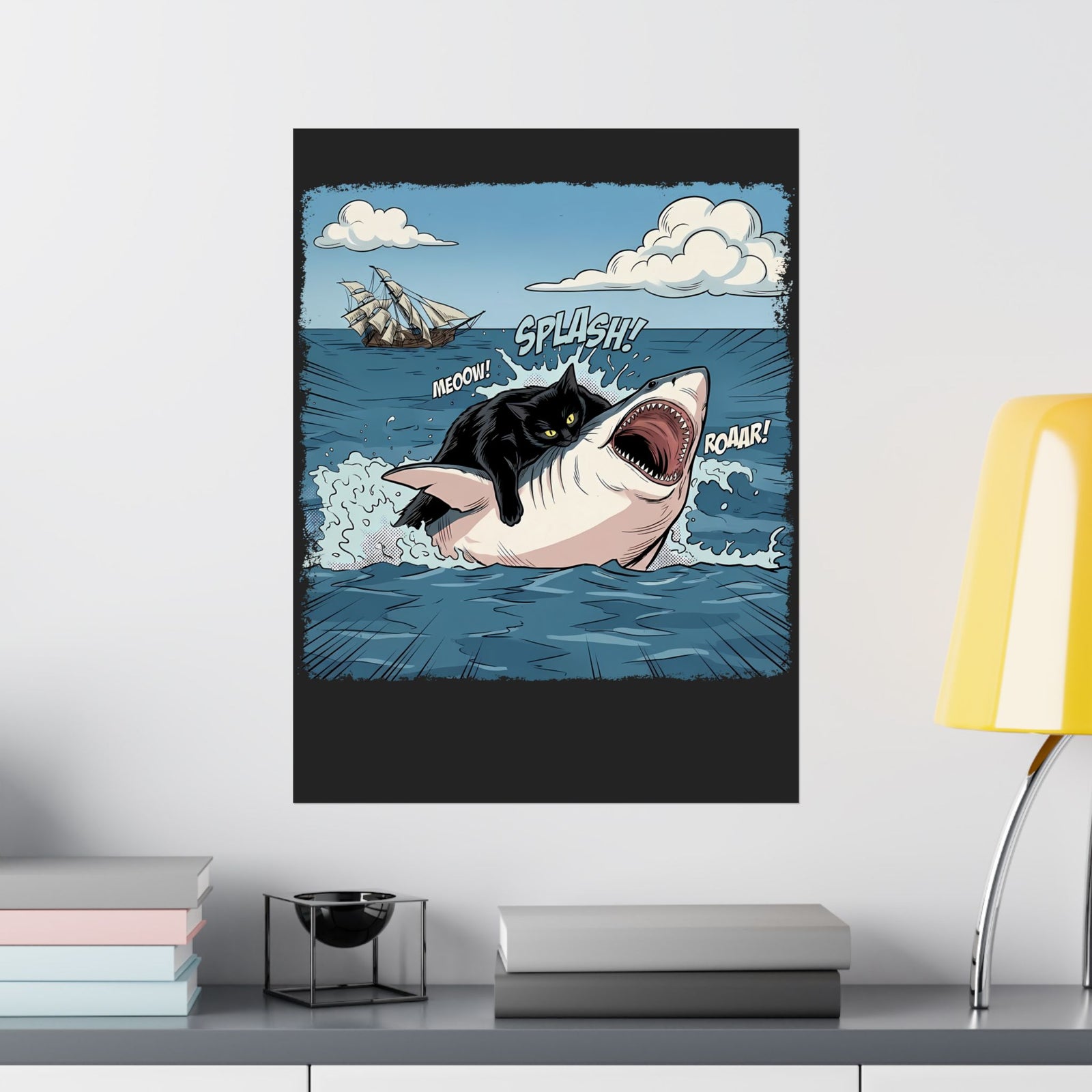 Black Cat Vs White Shark Poster — Funny Comic Book Ocean Battle Poster
