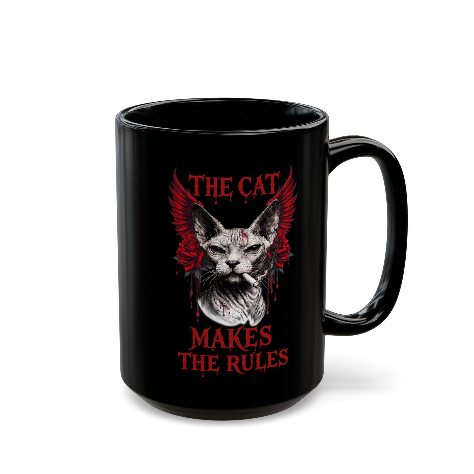 The Cat Makes The Rules Black Mug — Funny Gothic Smoking Sphynx Mug