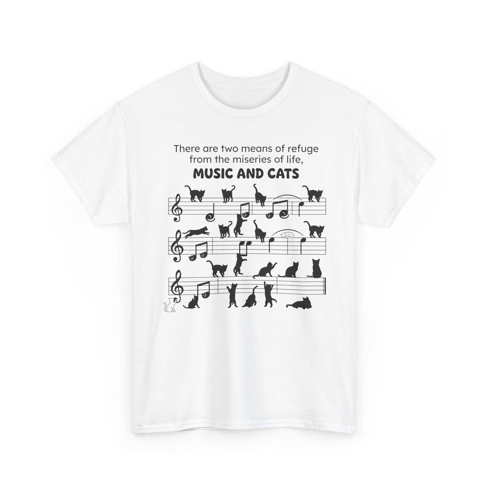 Music and Cats T-Shirt — Graphic Tee with Musical Score and Cat Silhouettes