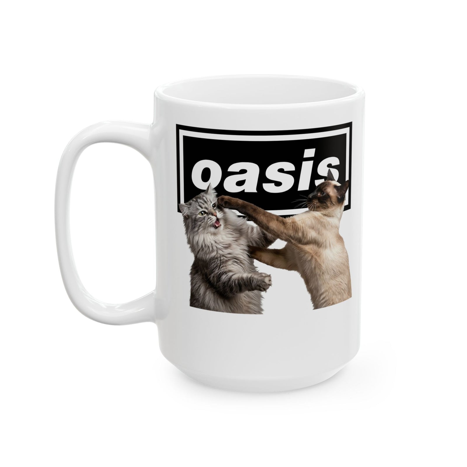 Oasis Cat Fight Ceramic Mug — Desert Cat Battle Graphic Mug