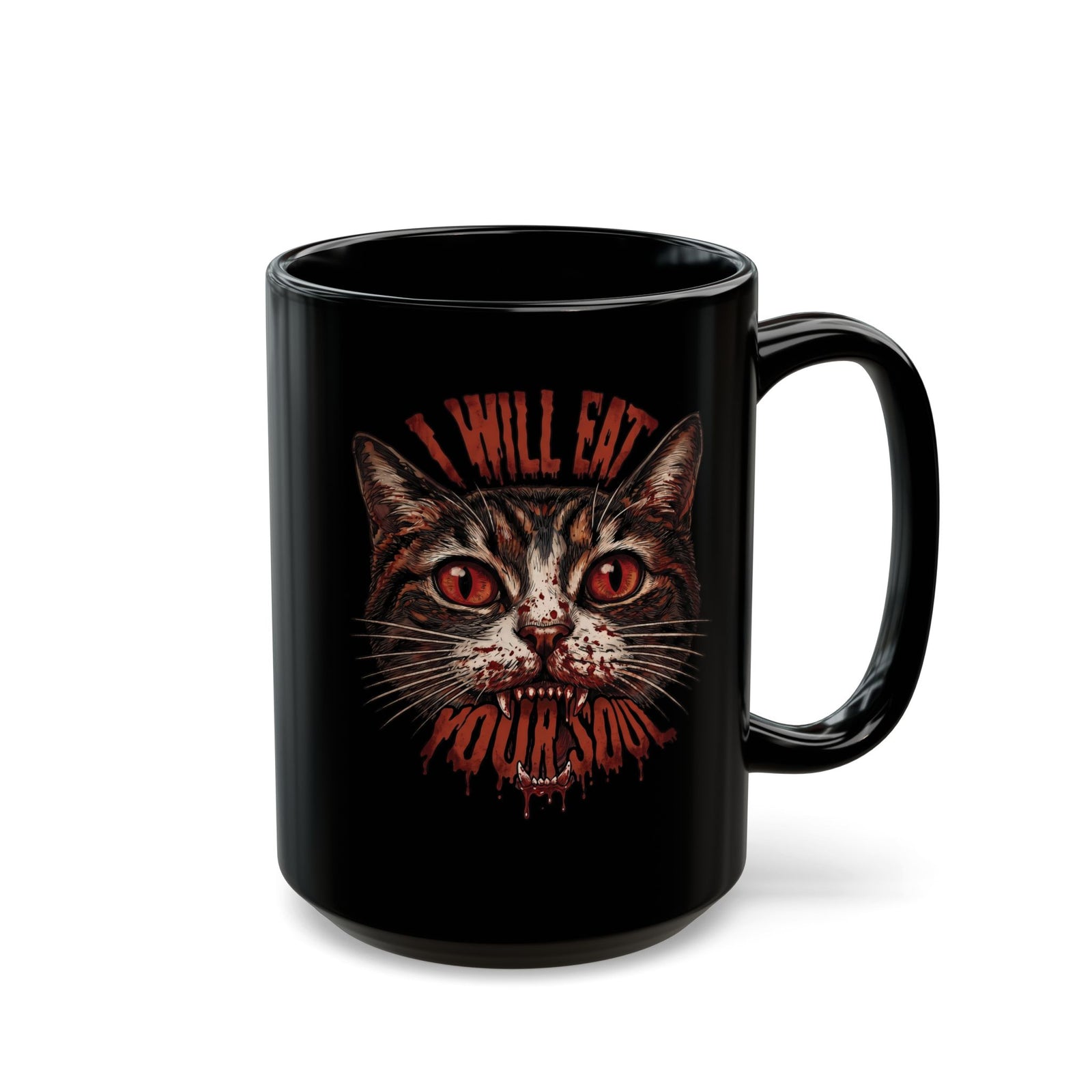I Will Eat Your Soul Black Mug — Horror Demon Cat Graphic Mug