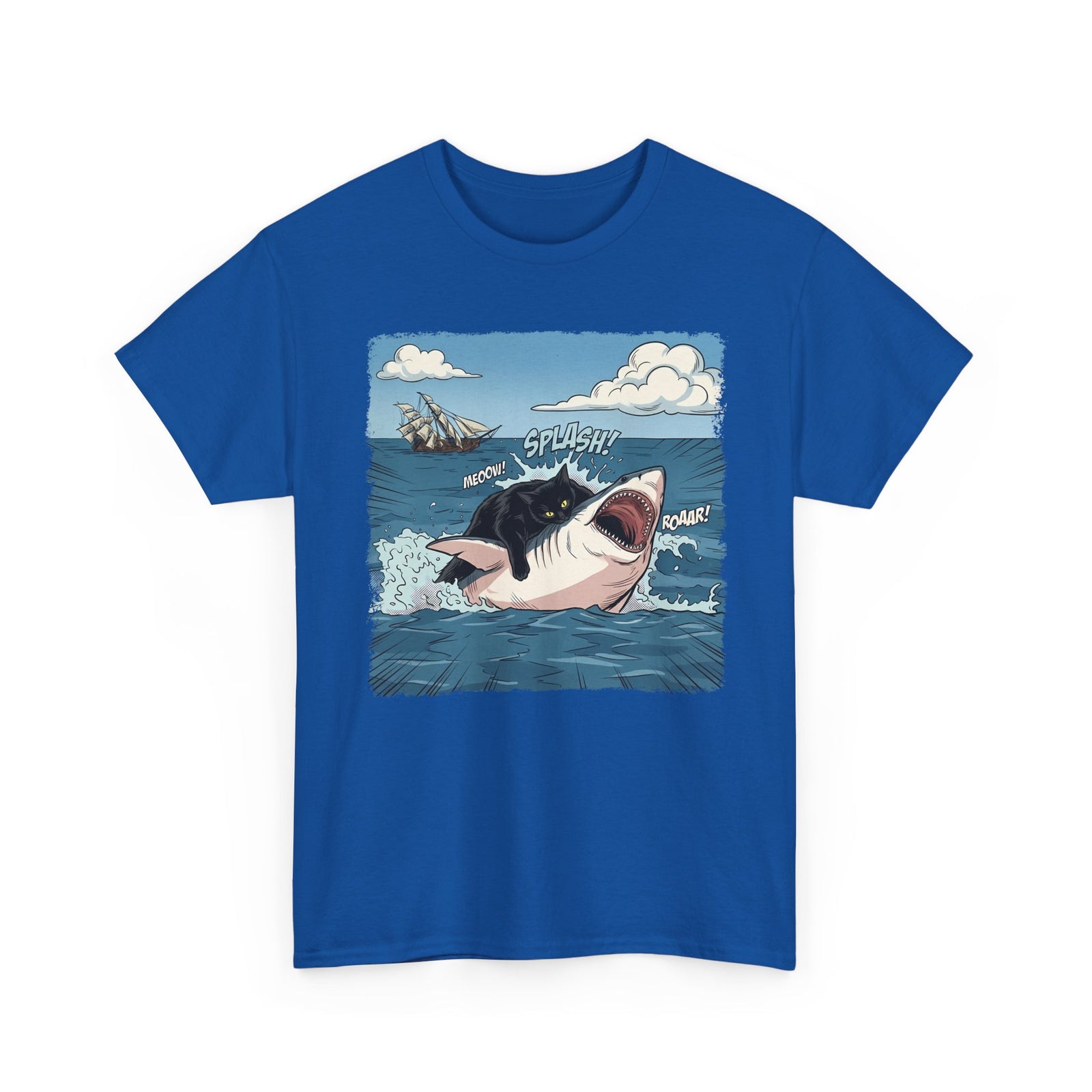 Black Cat Vs White Shark T-Shirt — Funny Comic Book Ocean Battle Tee