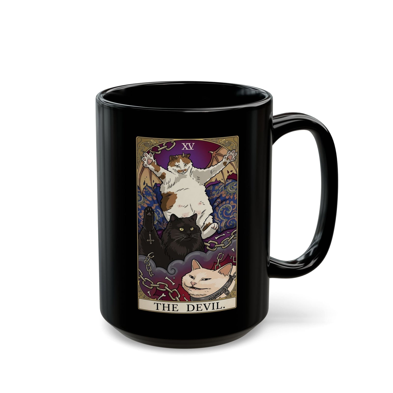 The Devil Cats Tarot Black Mug — Mystical Cat Tarot Illustration