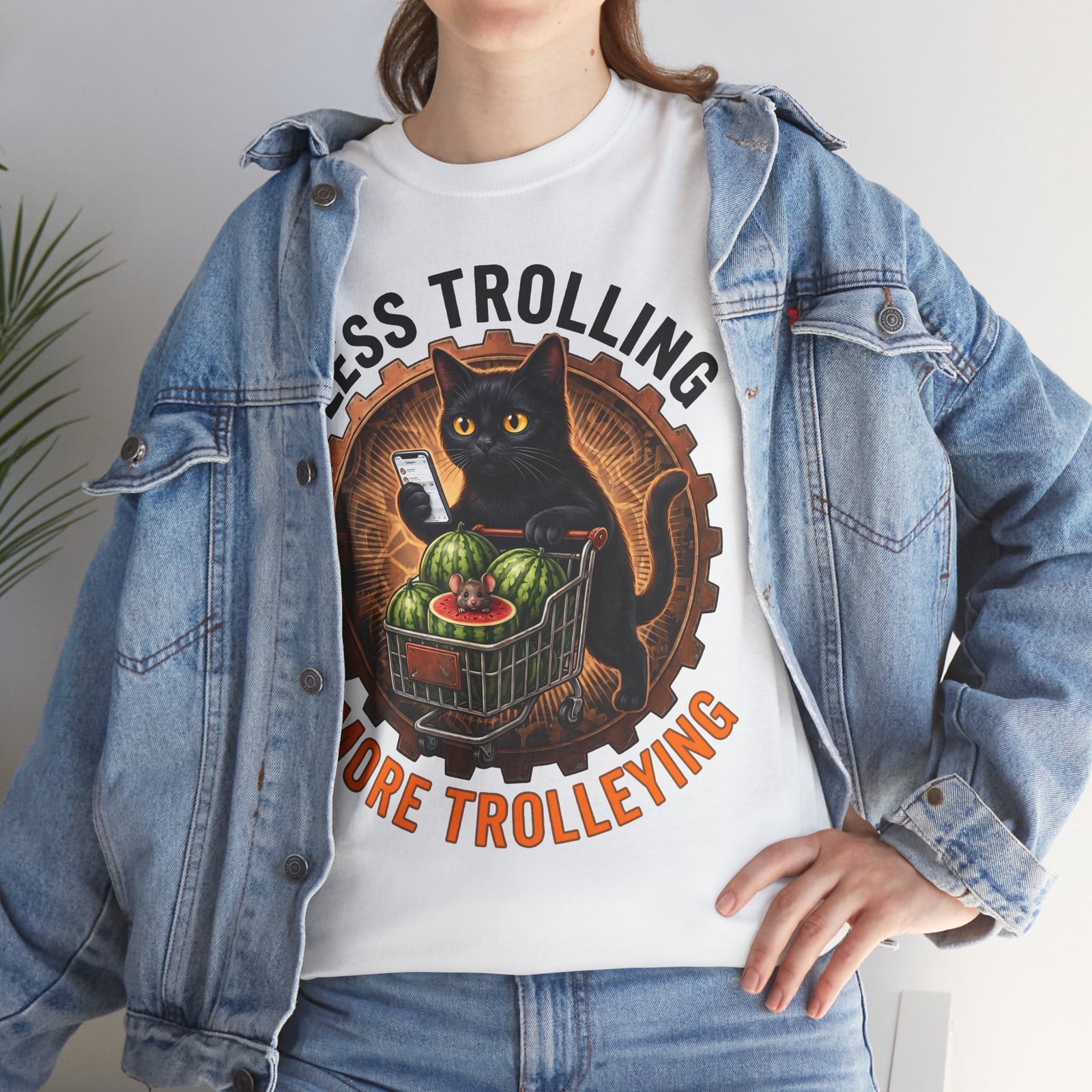 Less Trolling More Trolleying T-Shirt — Funny Black Cat Shopping Cart Pun Tee