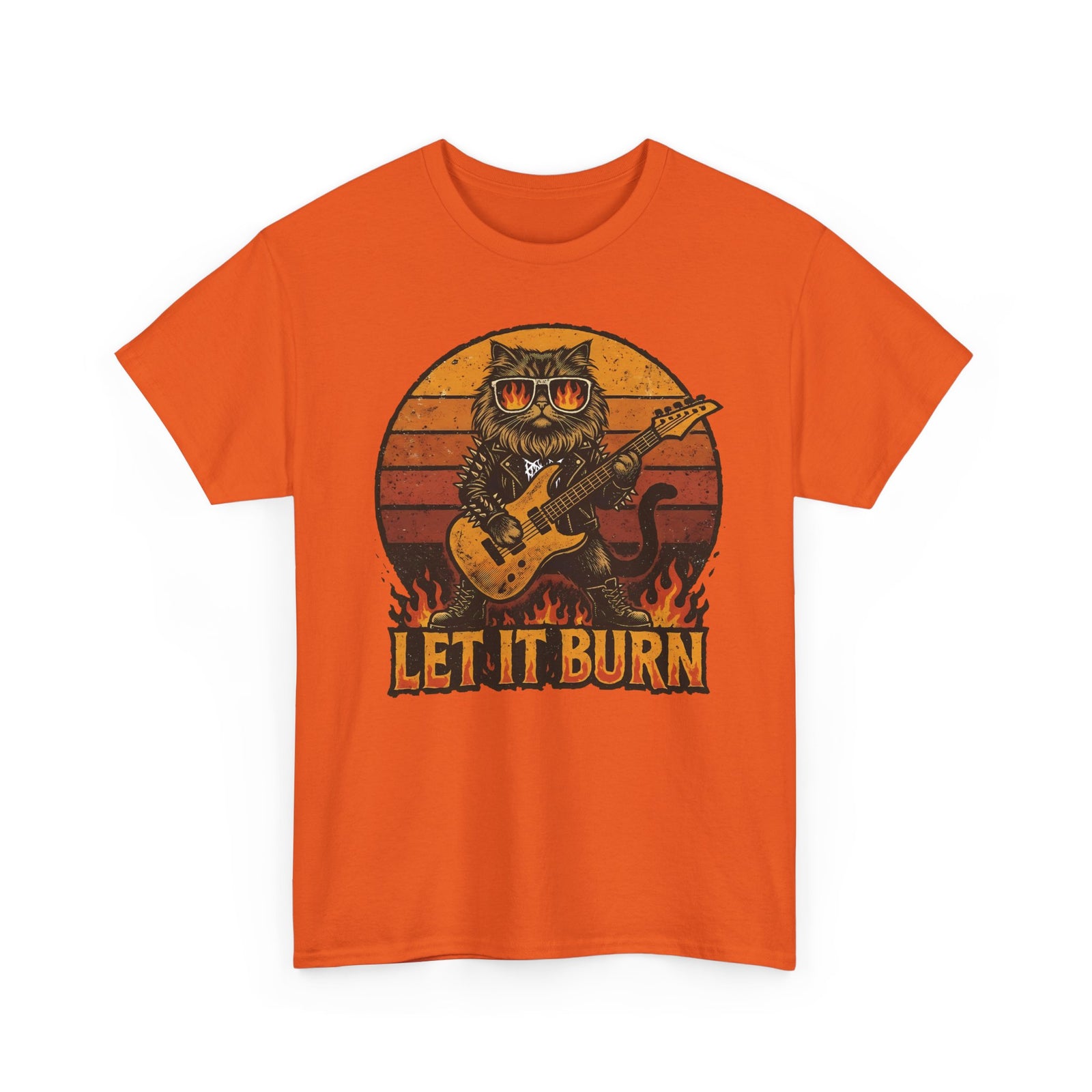 Let It Burn Rocker Cat T-Shirt — Heavy Metal Guitar Feline Graphic