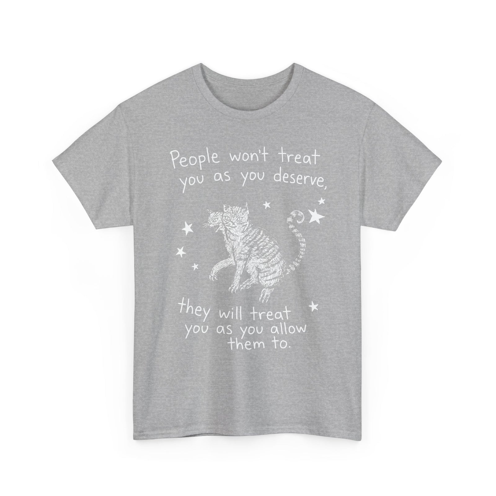 Two-Headed Tabby Cat T-Shirt — "People Won't Treat You As You Deserve" Gothic Woodcut Tee