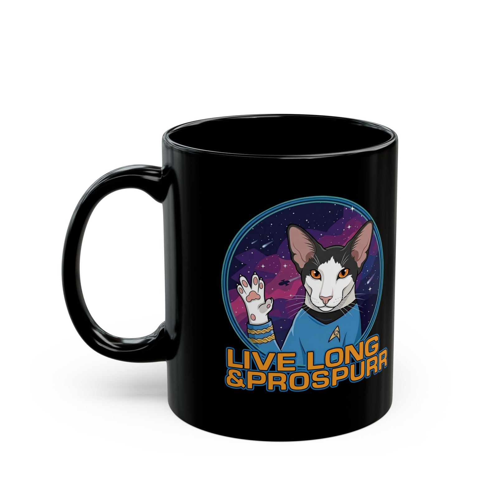 Sci‑Fi Cat 'Live Long Prospurr' Black Mug
