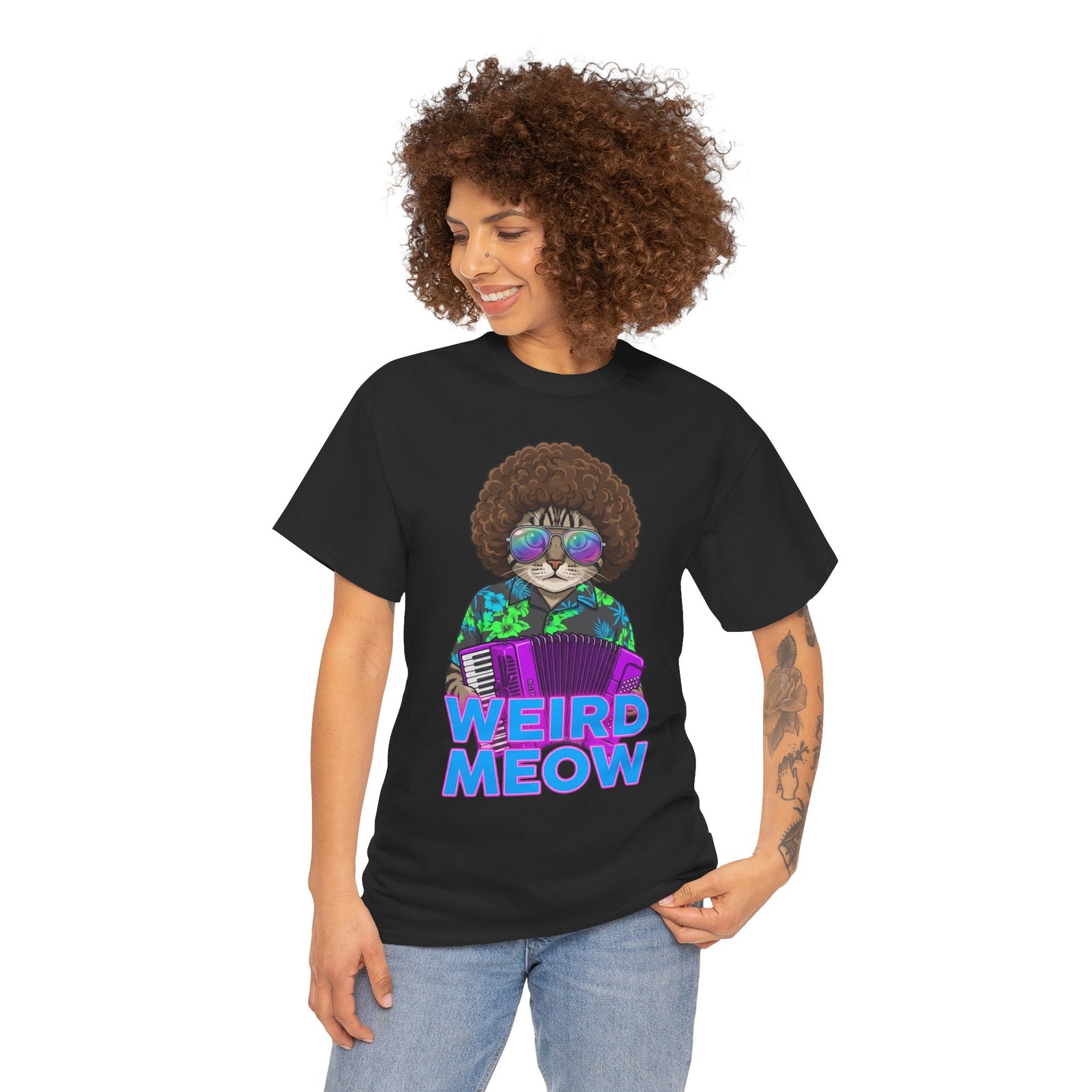 Weird Meow Cat T-Shirt — Retro Disco Cat with Accordion