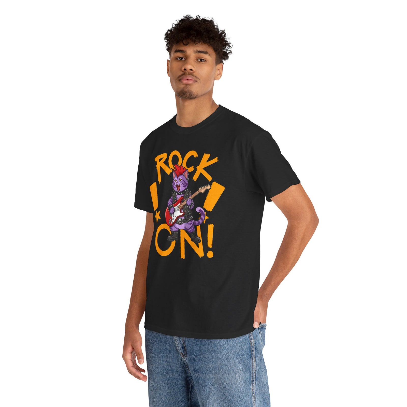 Rock On Punk Rock Cat T-Shirt — Purple Feline Mohawk Electric Guitar Tee