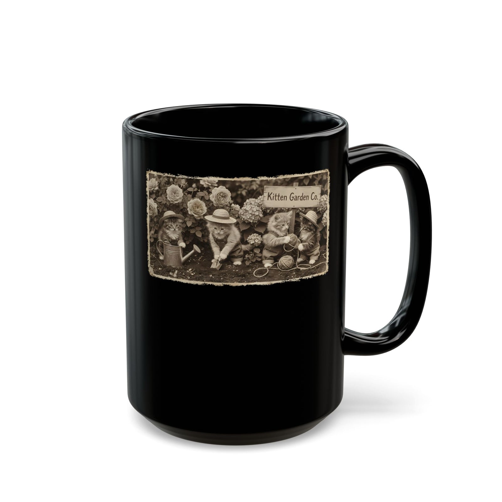 Vintage Kittens in the Garden Black Mug — Cute Floral Cat Mug