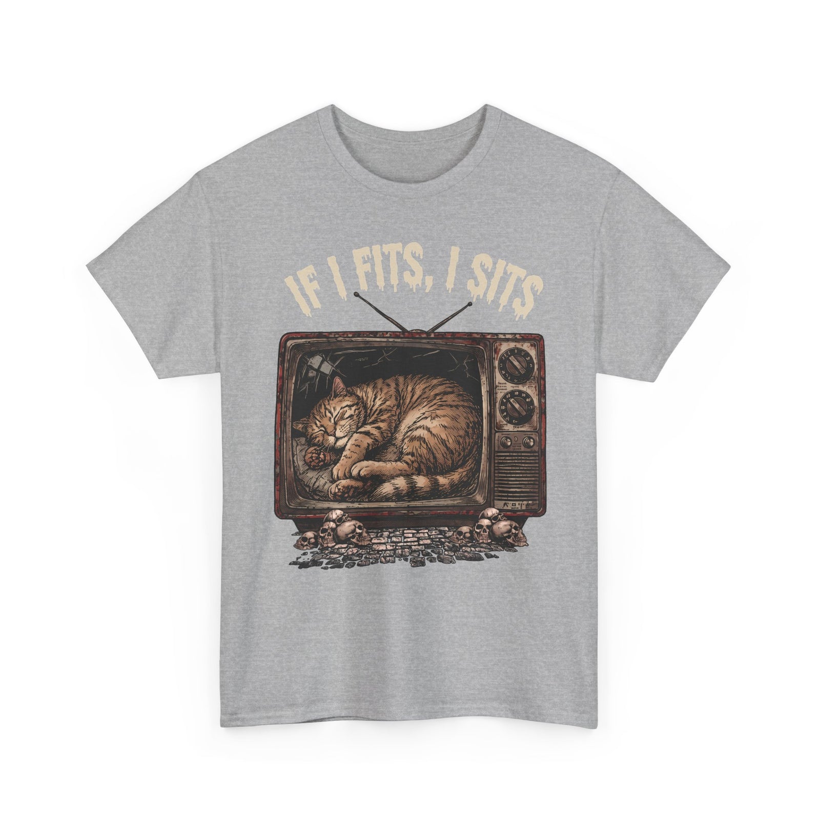 If I Fits I Sits Vintage TV Tabby Cat Shirt — Macabre Horror Meme T-Shirt