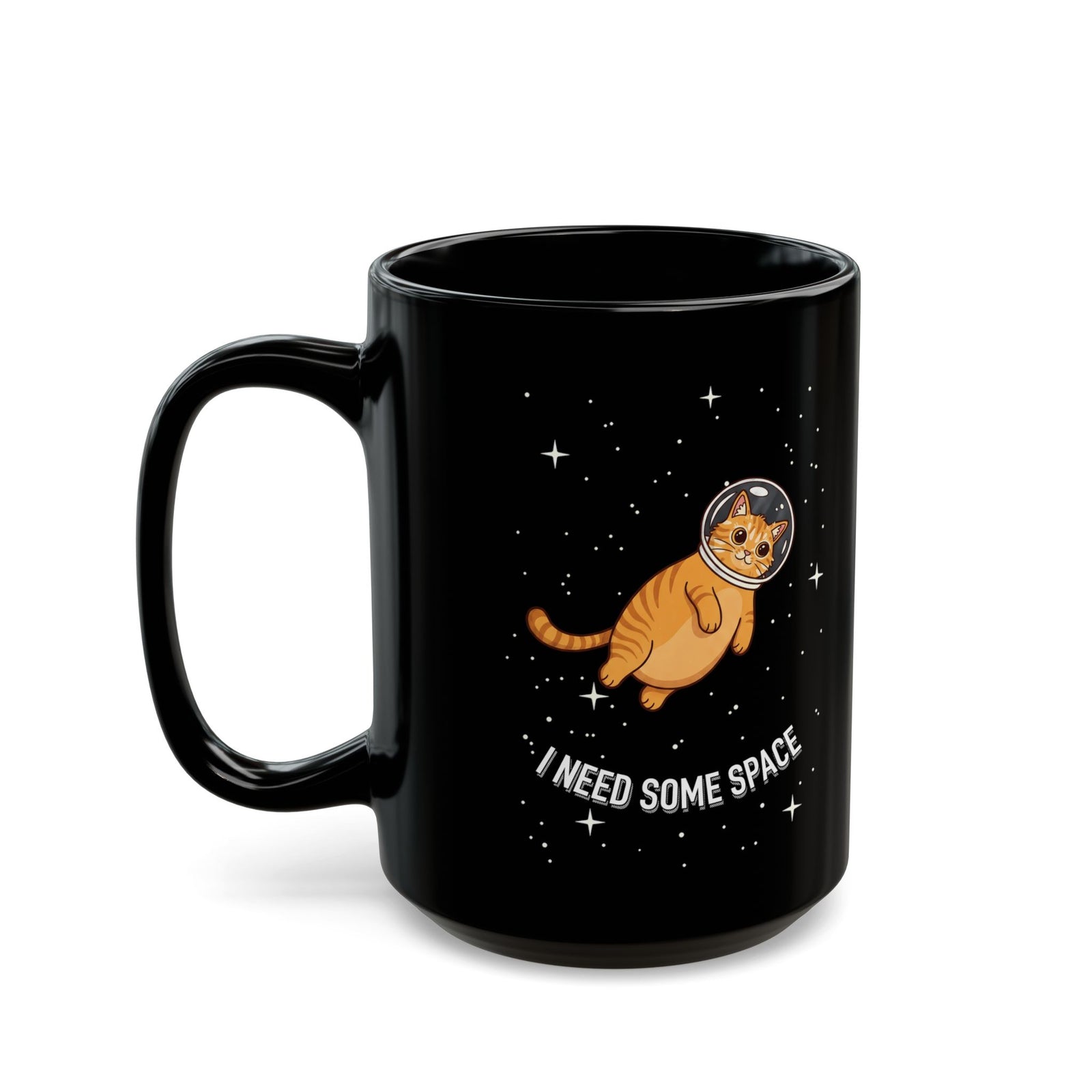 I Need Some Space Cat Black Mug — Cute Astronaut Orange Tabby Feline Mug