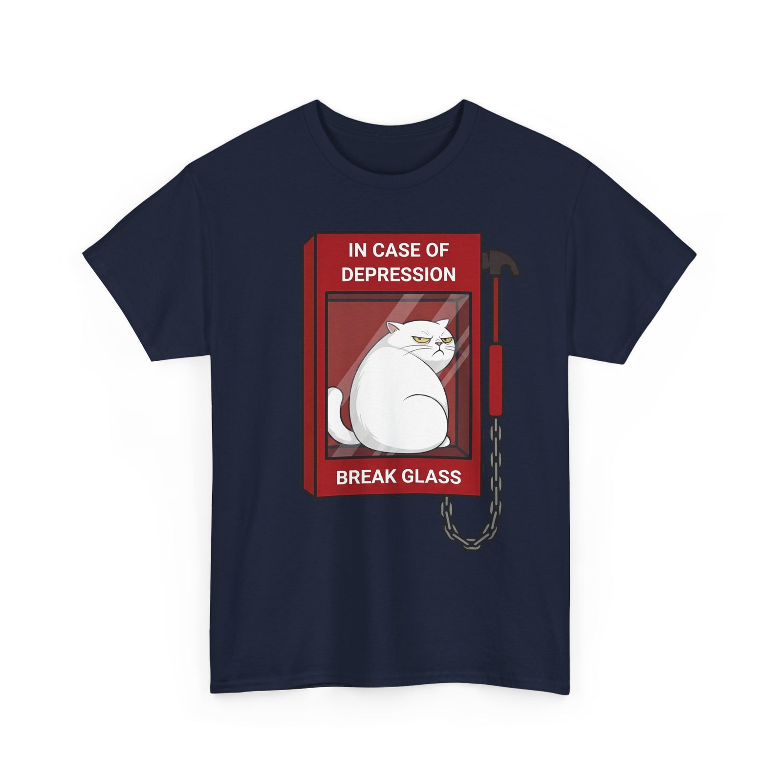In Case Of Depression Break Glass T-Shirt — Funny Grumpy White Cat Emergency Tee