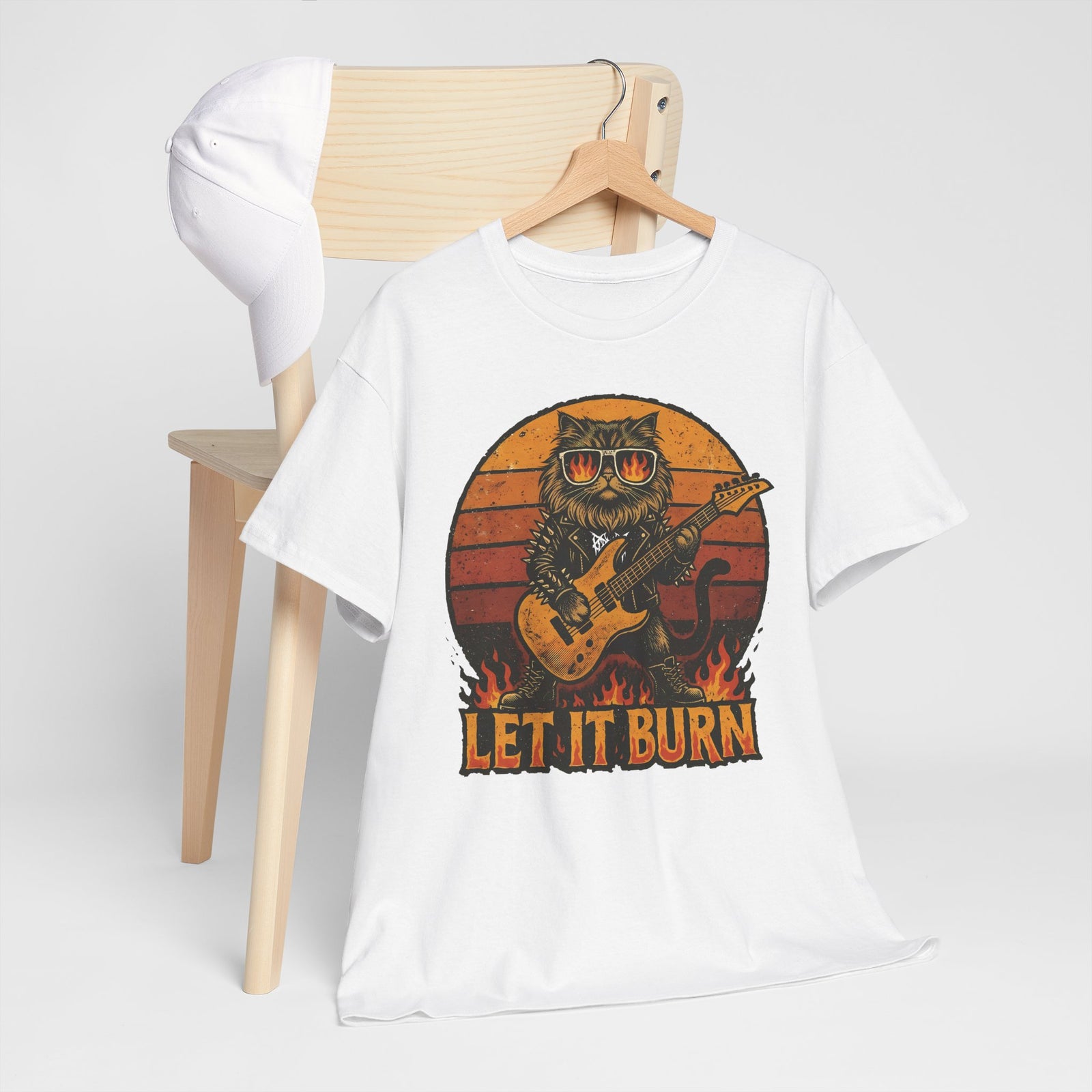 Let It Burn Rocker Cat T-Shirt — Heavy Metal Guitar Feline Graphic