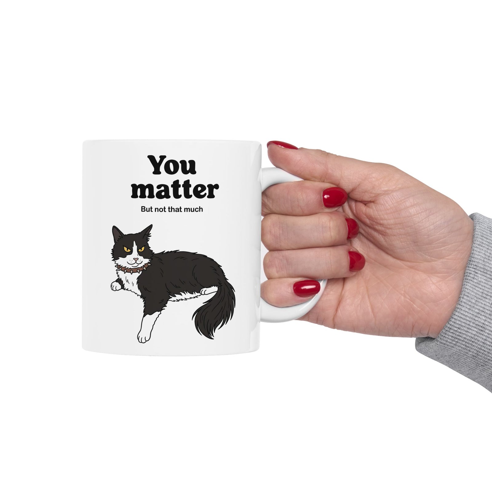 You Matter But Not That Much Ceramic Mug — Funny Sarcastic Tuxedo Cat Graphic Mug