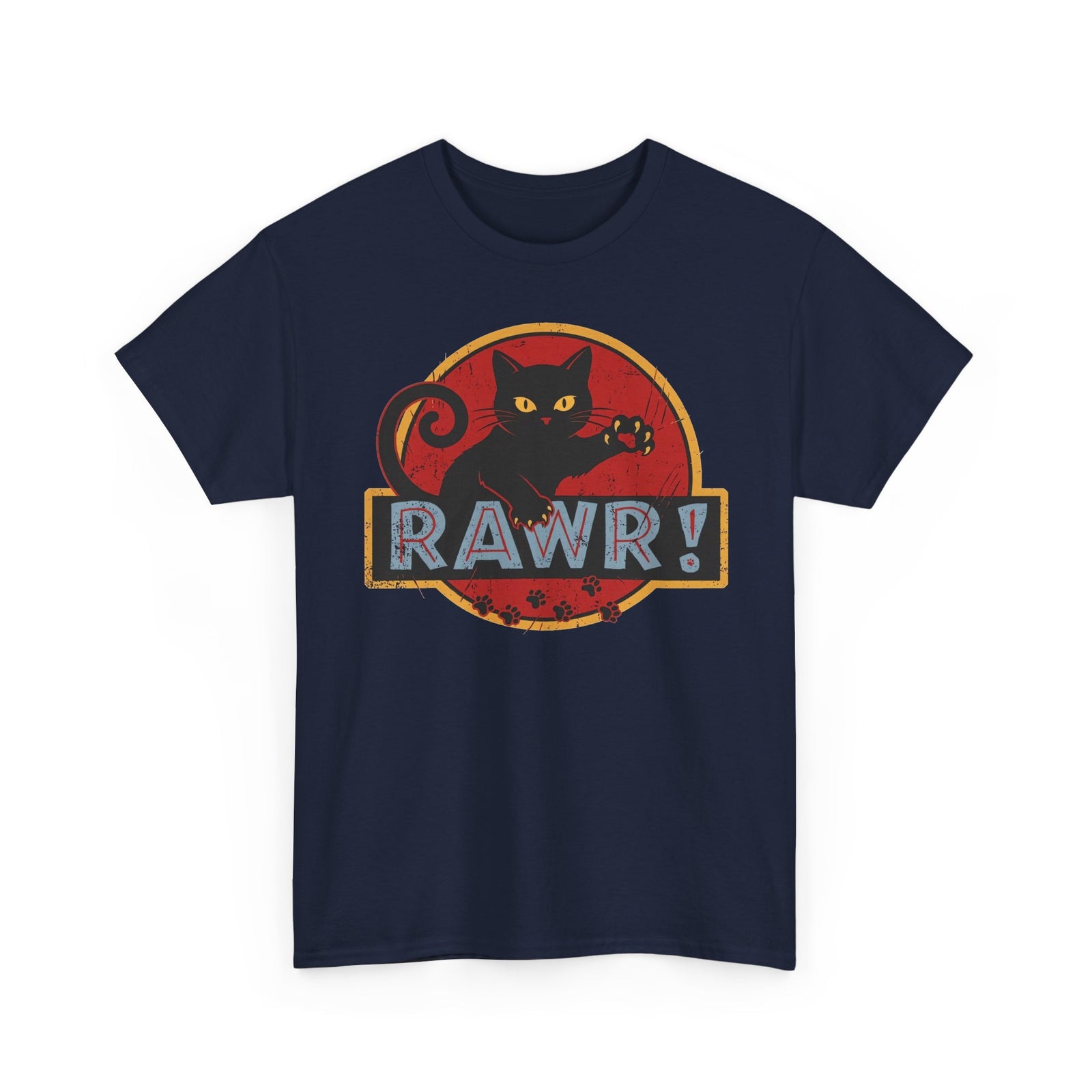 RAWR! Black Cat Graphic Tee — Vintage Dino Logo Parody T-Shirt