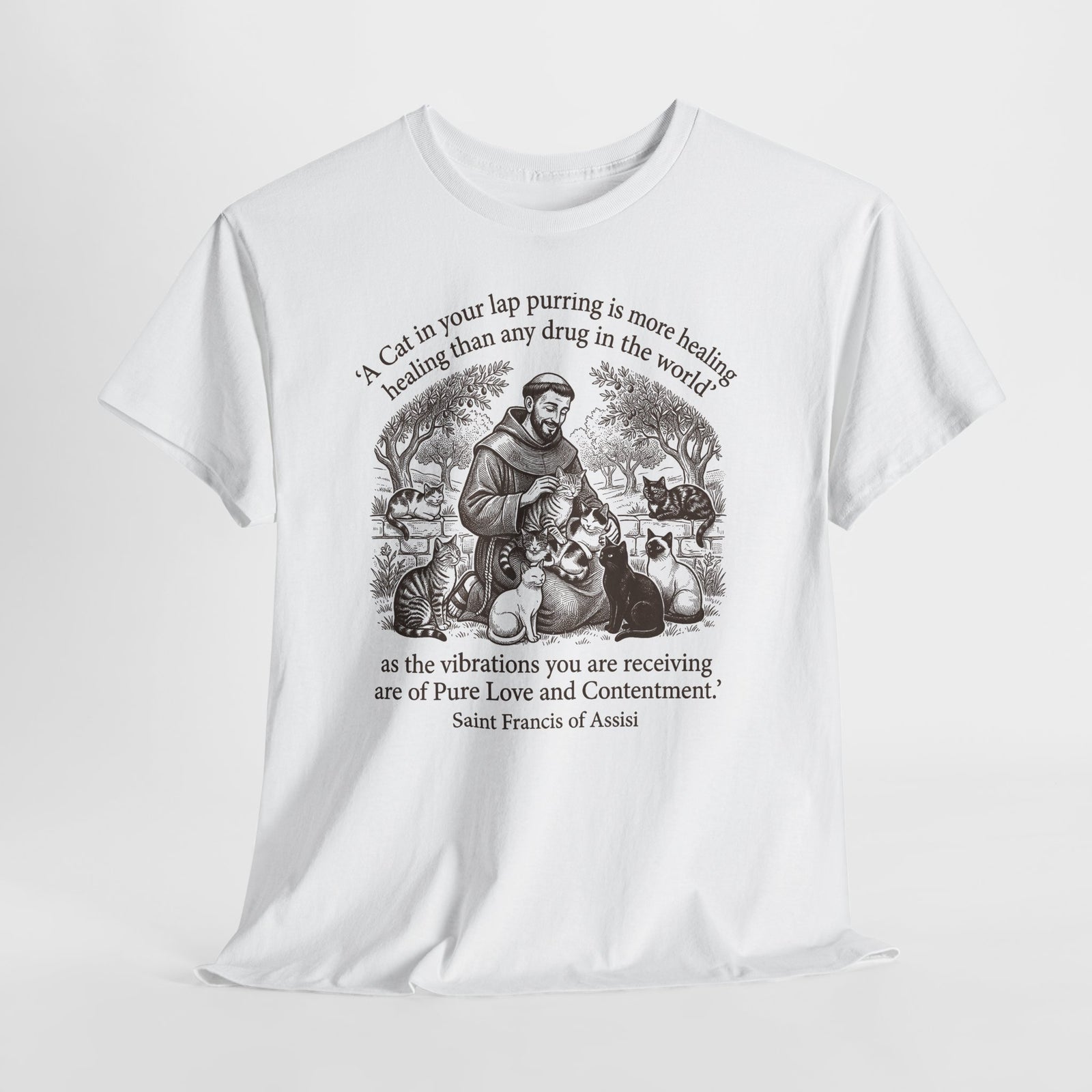 Saint Francis Vintage Graphic Tee — "A Cat in Your Lap Purring" Spiritual Animal Lover Shirt