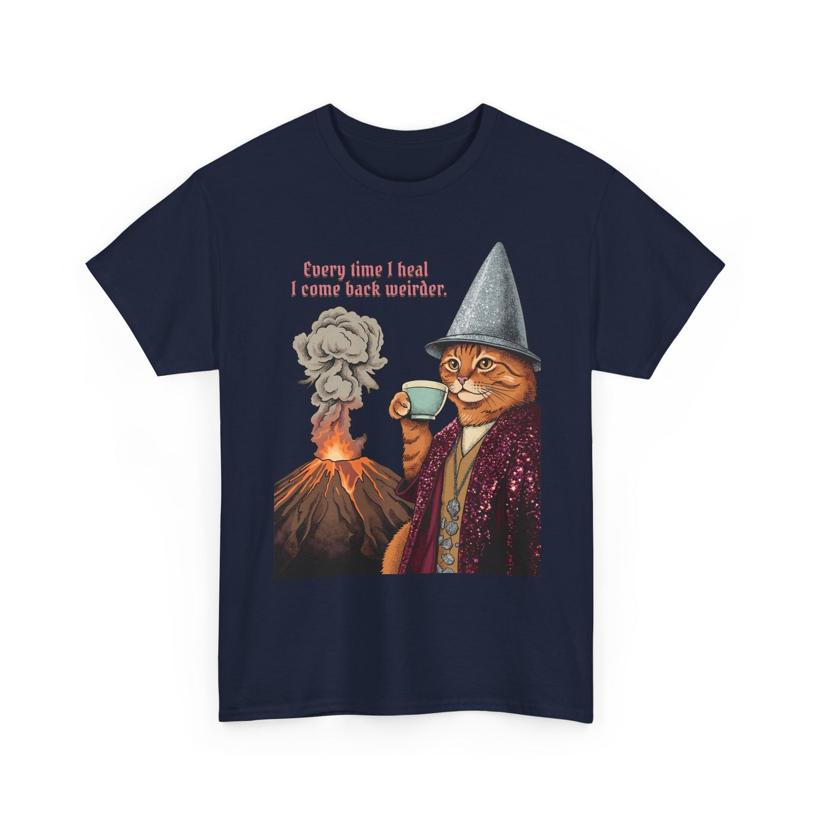 Weird Healing Journey Cat T-Shirt — Retro Feline Tea Time Aesthetic Shirt