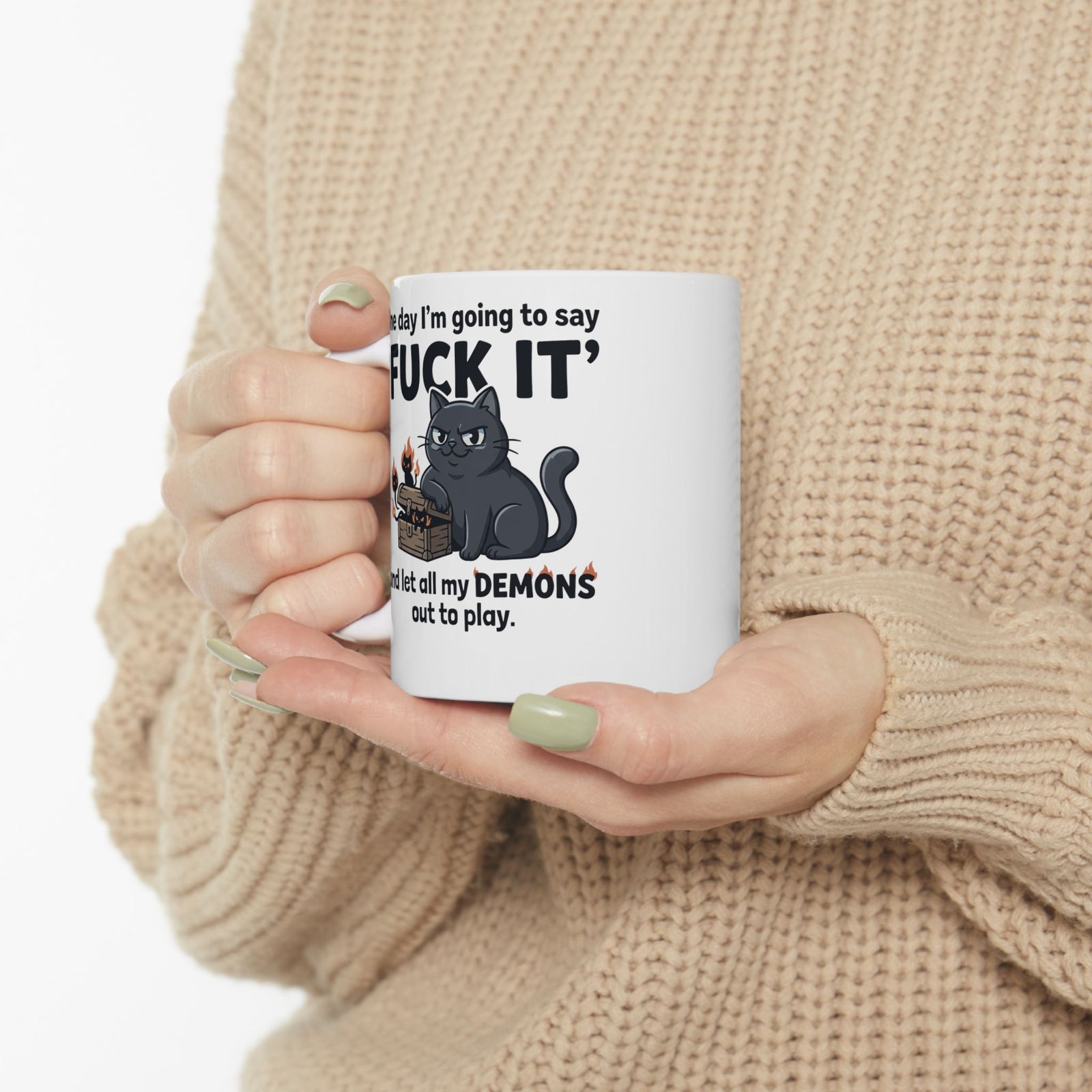 Cat Demon Graphic Mug — “One day I'm going to say 'FUCK IT'” Funny Goth Ceramic Mug