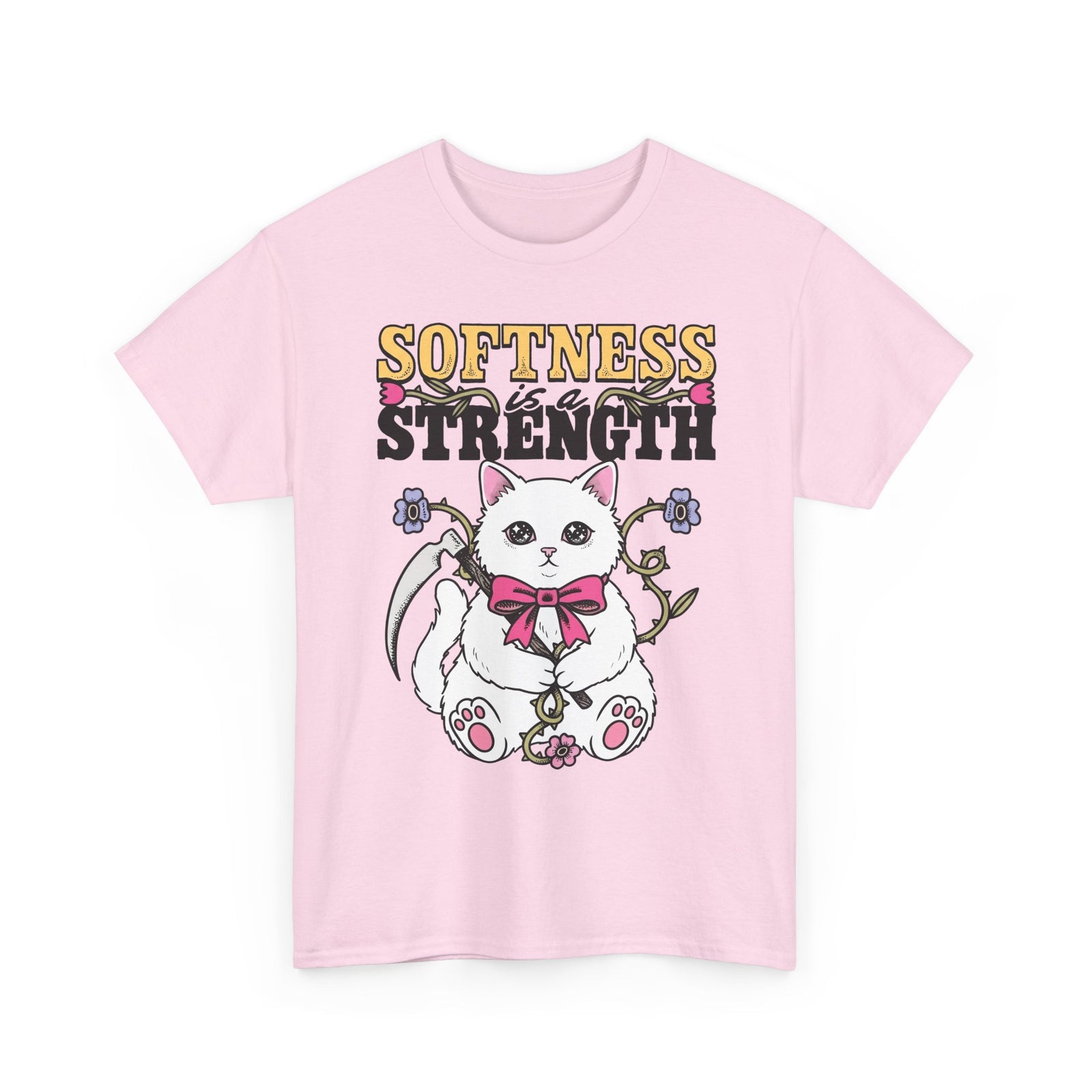 Softness Is A Strength T-Shirt — Funny Cute White Kitten Scythe Graphic Tee