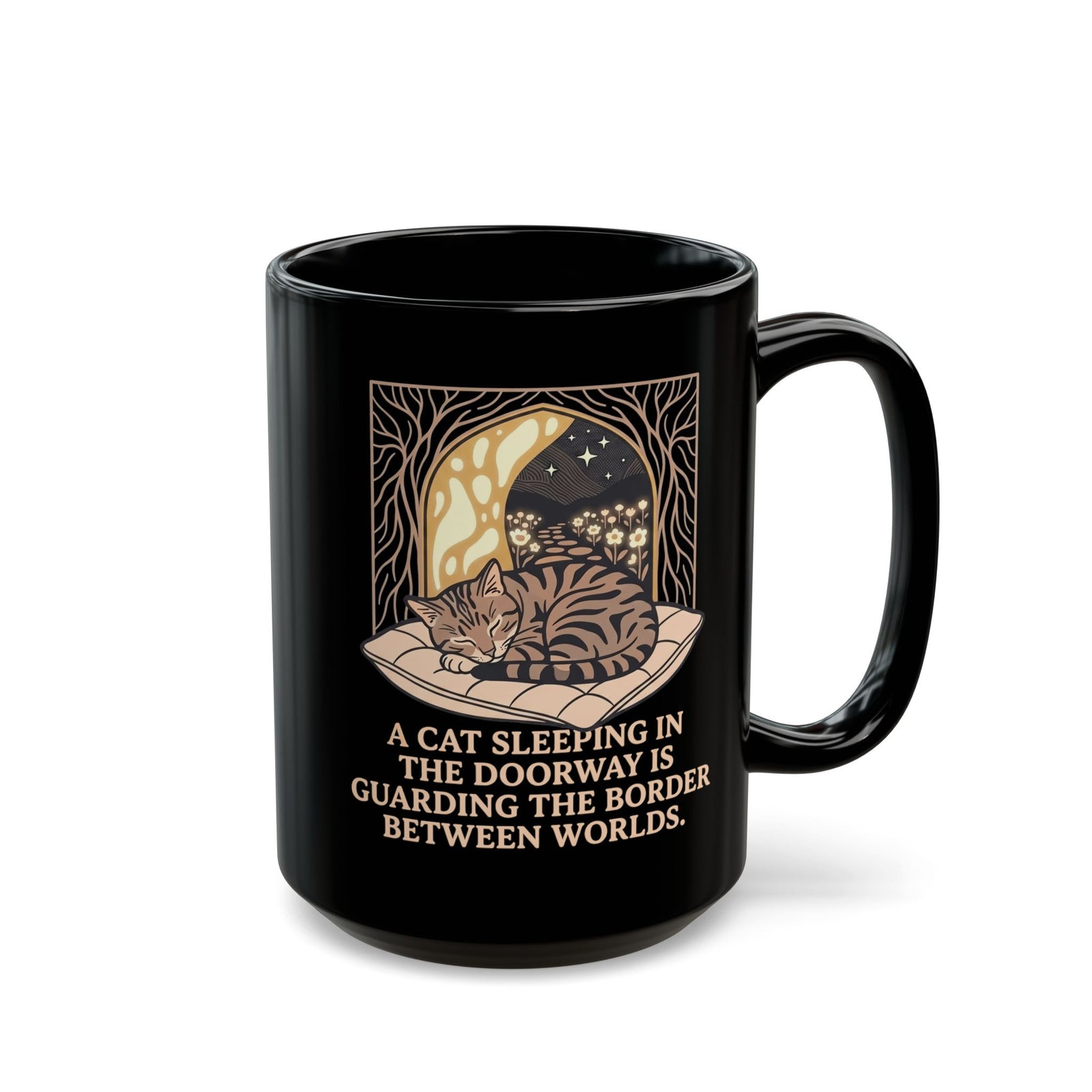 Mystical Cat Sleeping in the Doorway Black Mug — "Guarding the Border Between Worlds"
