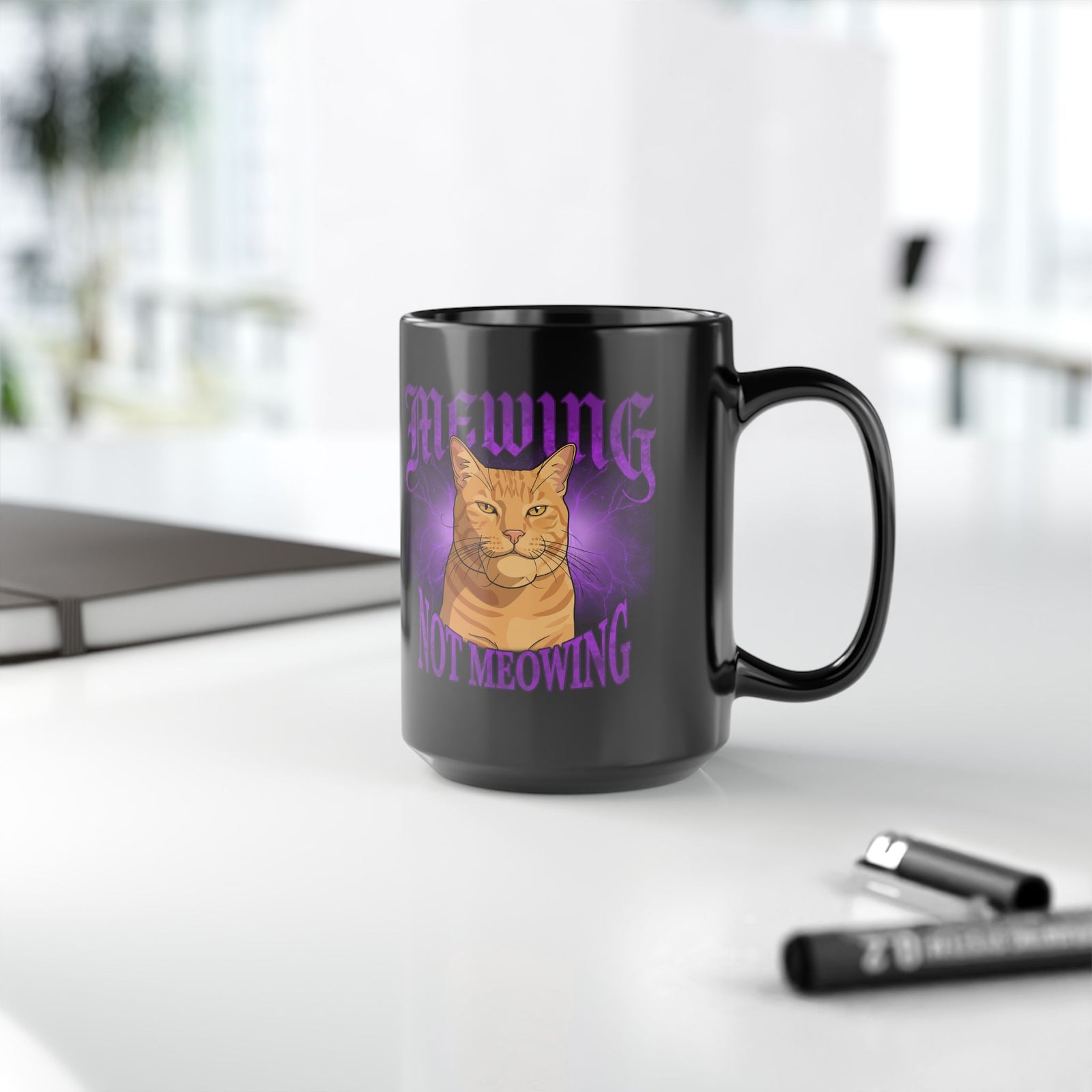 Mewing Not Meowing Cat Black Mug