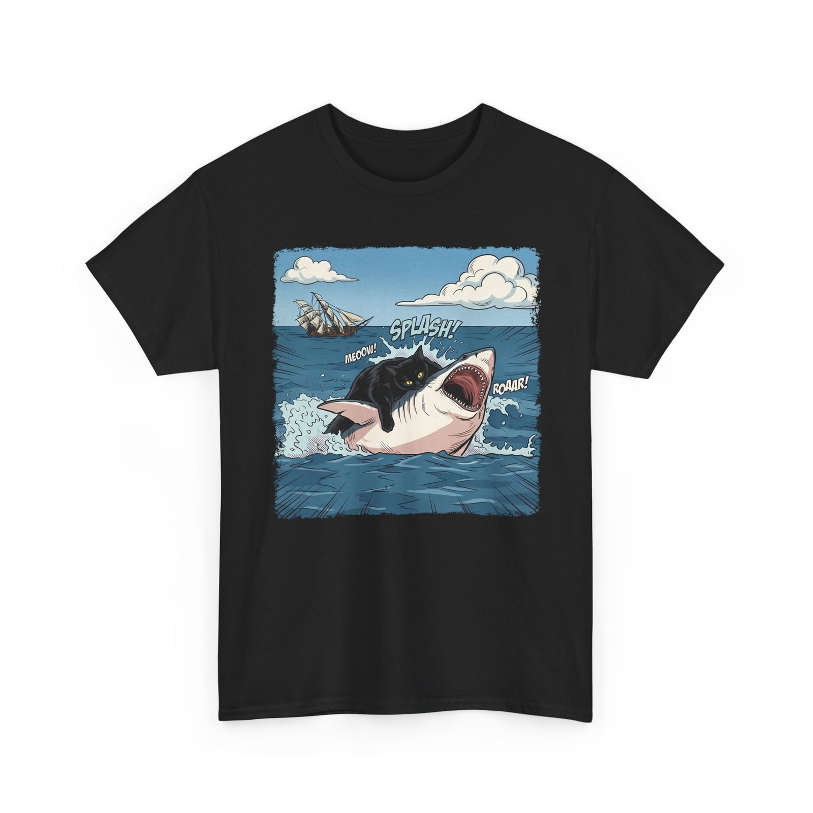 Black Cat Vs White Shark T-Shirt — Funny Comic Book Ocean Battle Tee