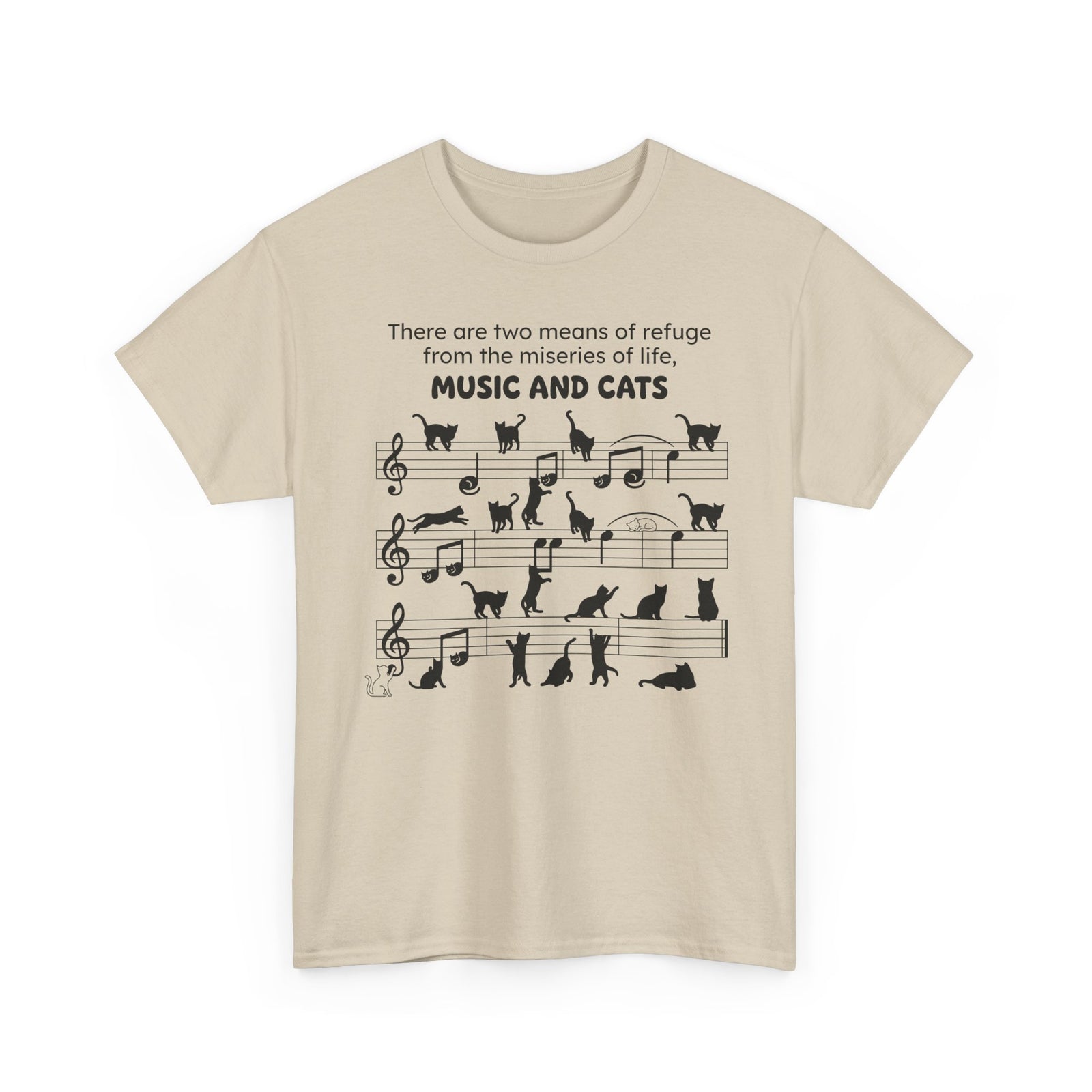 Music and Cats T-Shirt — Graphic Tee with Musical Score and Cat Silhouettes