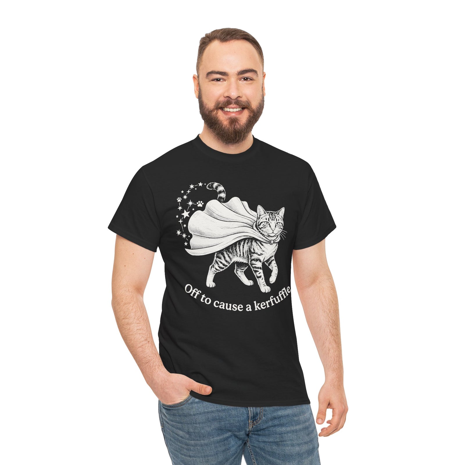 Cat Cape T-Shirt — "Off to cause a kerfuffle" Cute Mischief Cat Tee