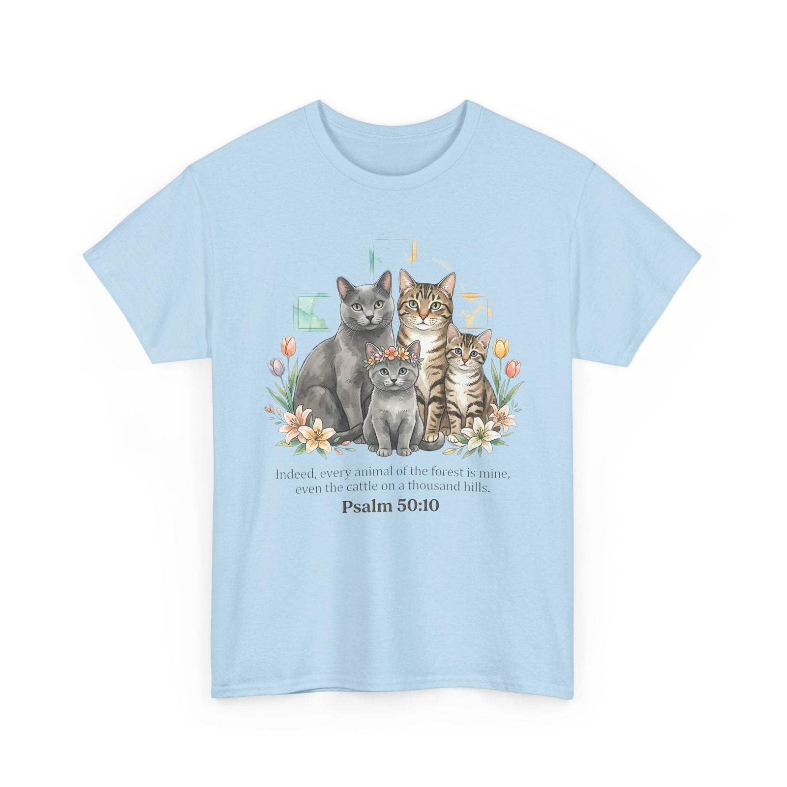 Cat Family Psalm 50:10 Floral T-Shirt — Christian Pet Lover Tee