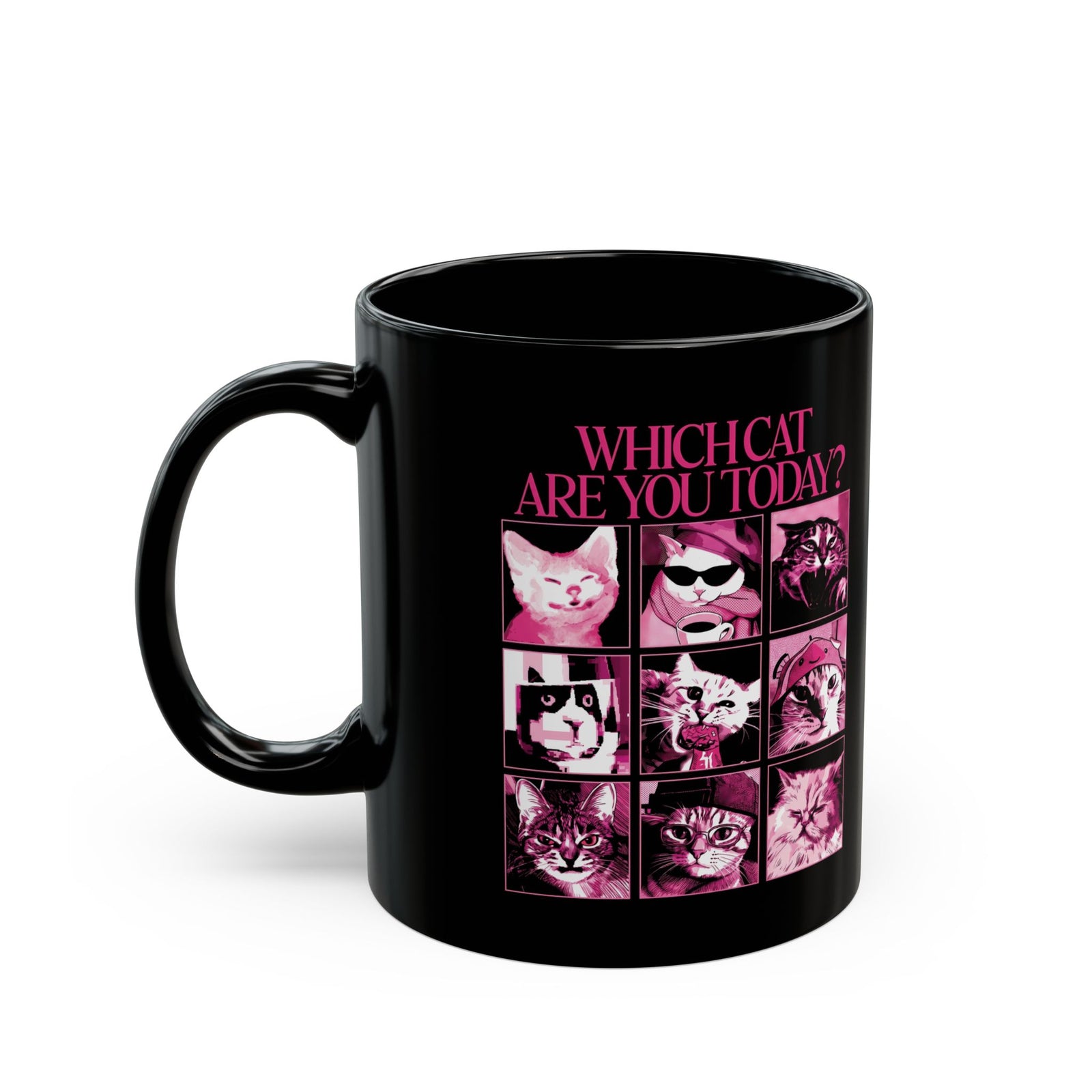 Cat Mood Chart Black Mug — Pink Pop Art Feline Expressions Graphic