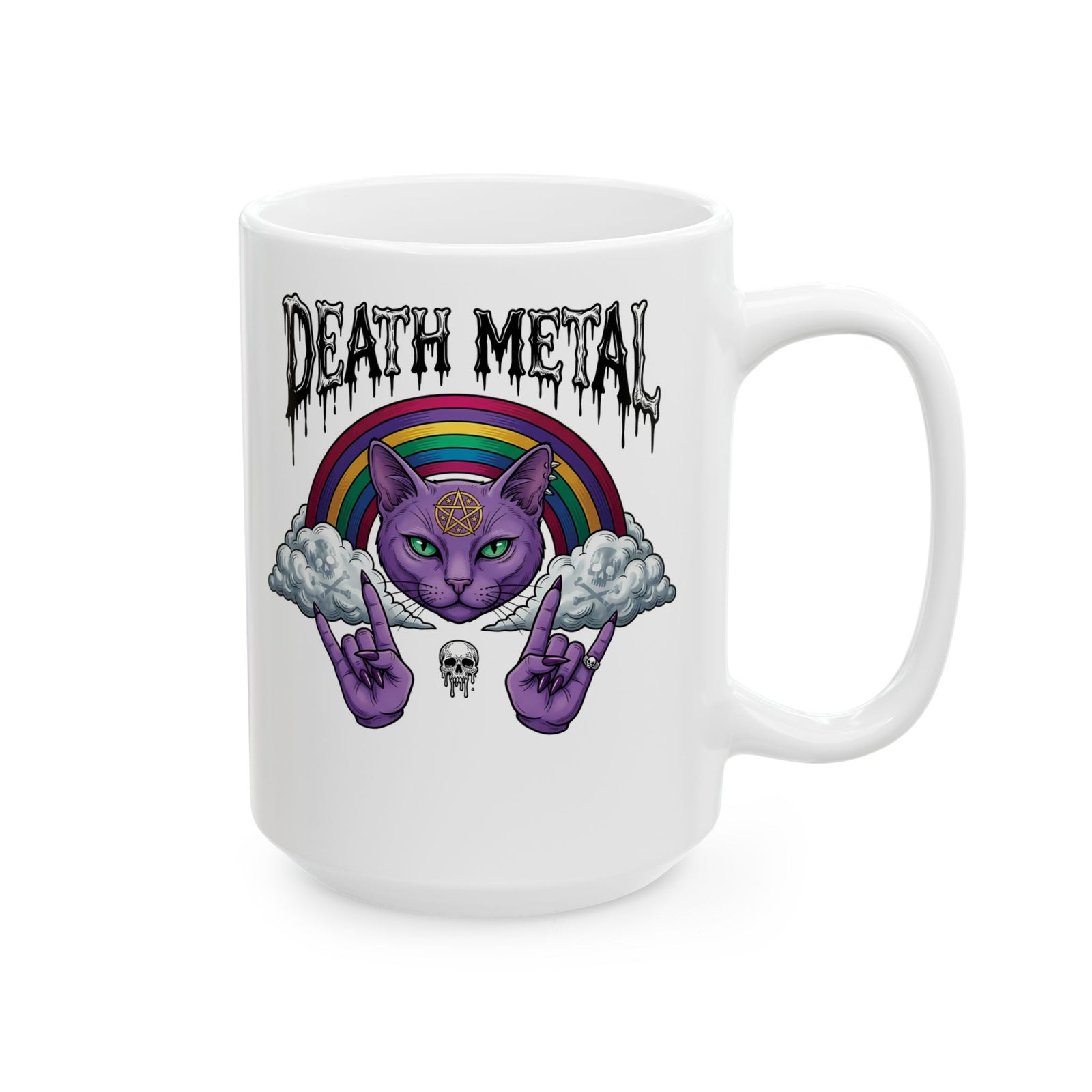 Death Metal Cat Ceramic Mug — Gothic Black Cat Mug for Metal Fans