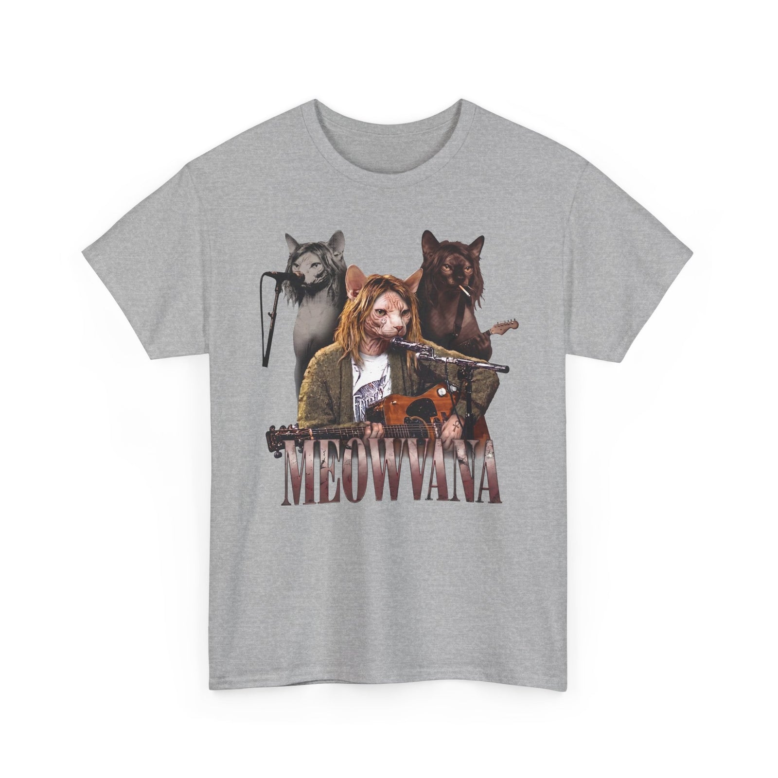 Meowvana Grunge Cat Band T-Shirt — Funny 90s Rock Sphynx Cat Tee
