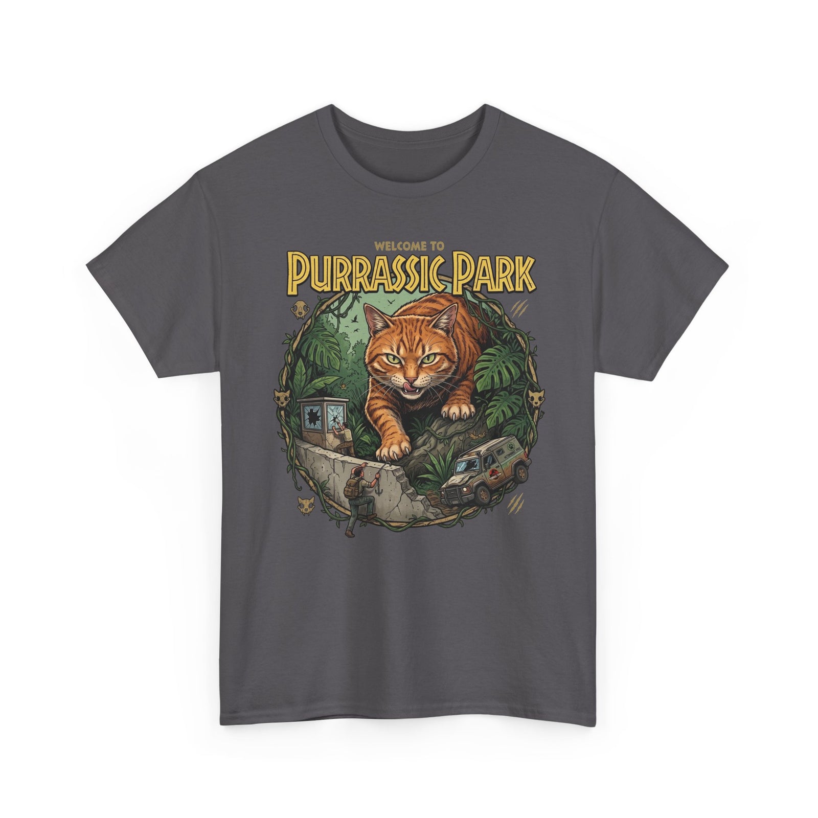 Purrassic Park Cat T‑Shirt — Retro Dino-Parody Graphic Tee
