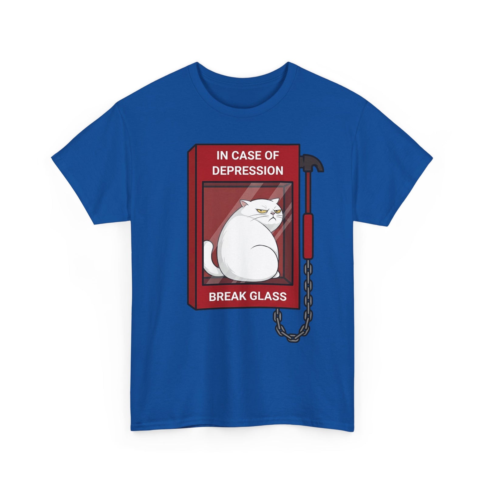 In Case Of Depression Break Glass T-Shirt — Funny Grumpy White Cat Emergency Tee