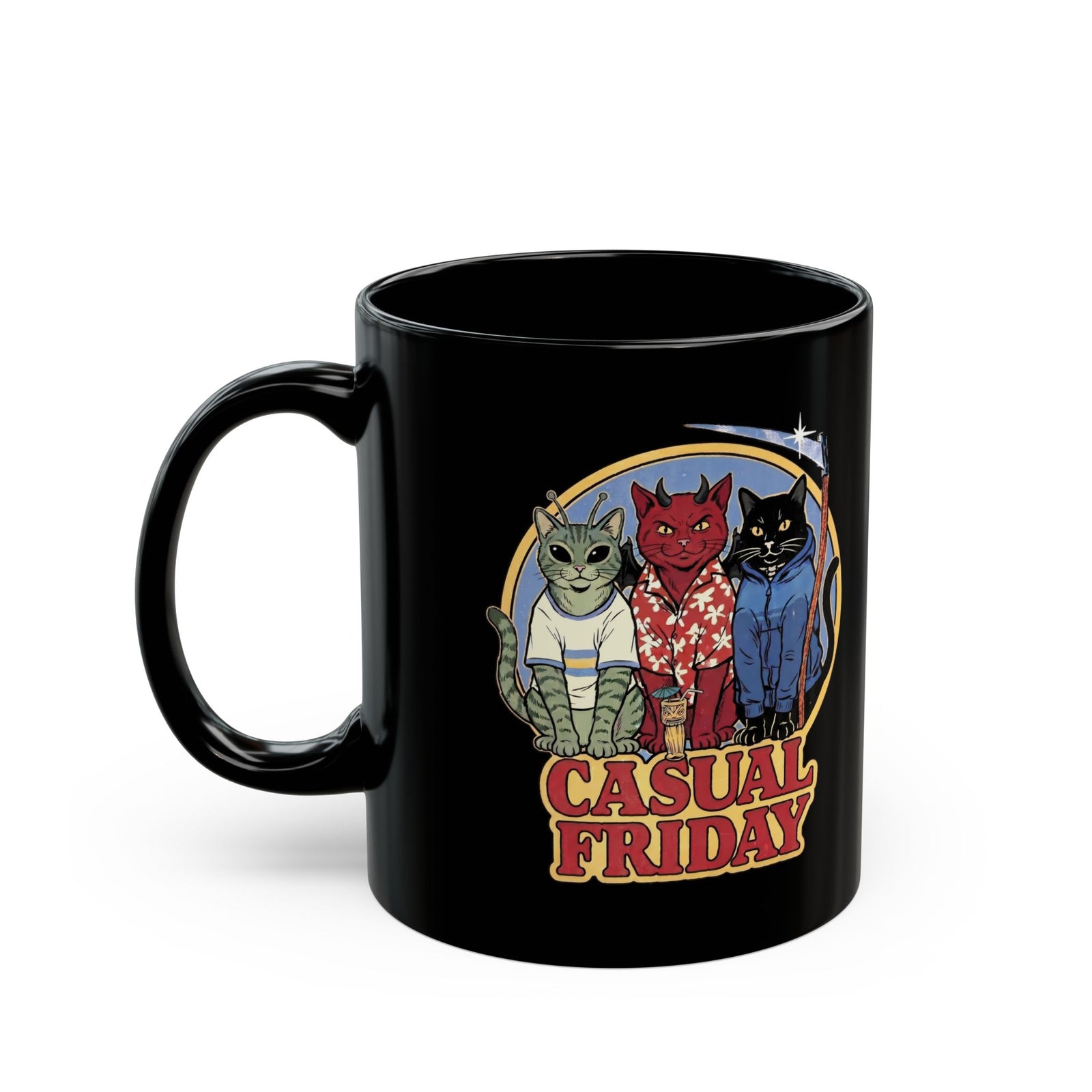Casual Friday Cat Black Mug — Funny Alien Devil Grim Reaper Mug