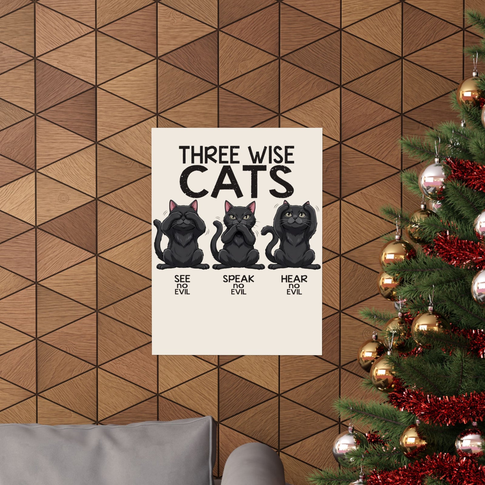 Three Wise Cats Poster — See Speak Hear No Evil Black Cat Graphic