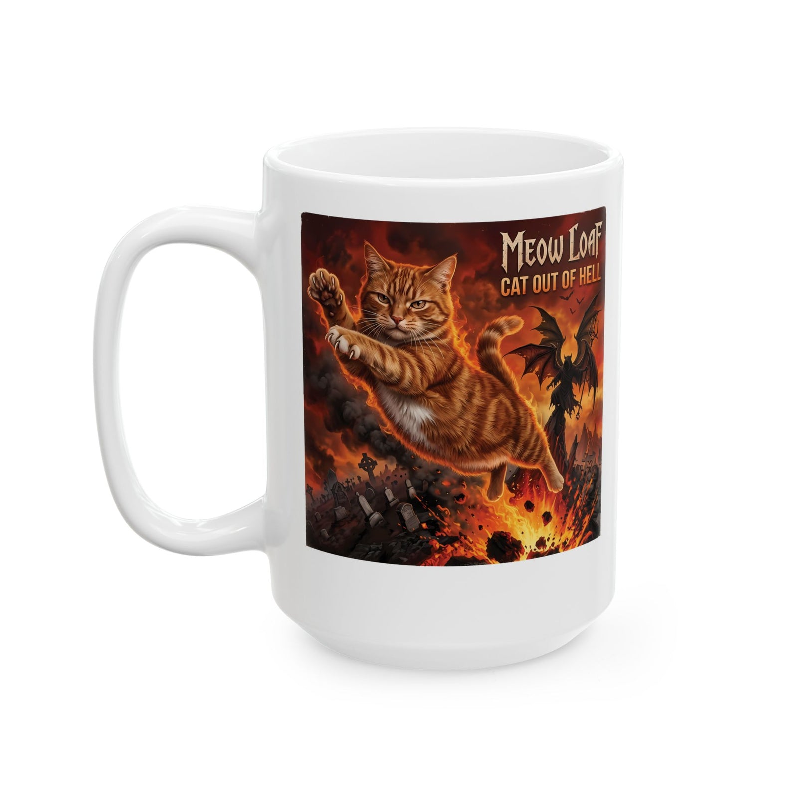 Meow Loaf Cat Out of Hell Ceramic Mug — Funny Gothic Cat Mug