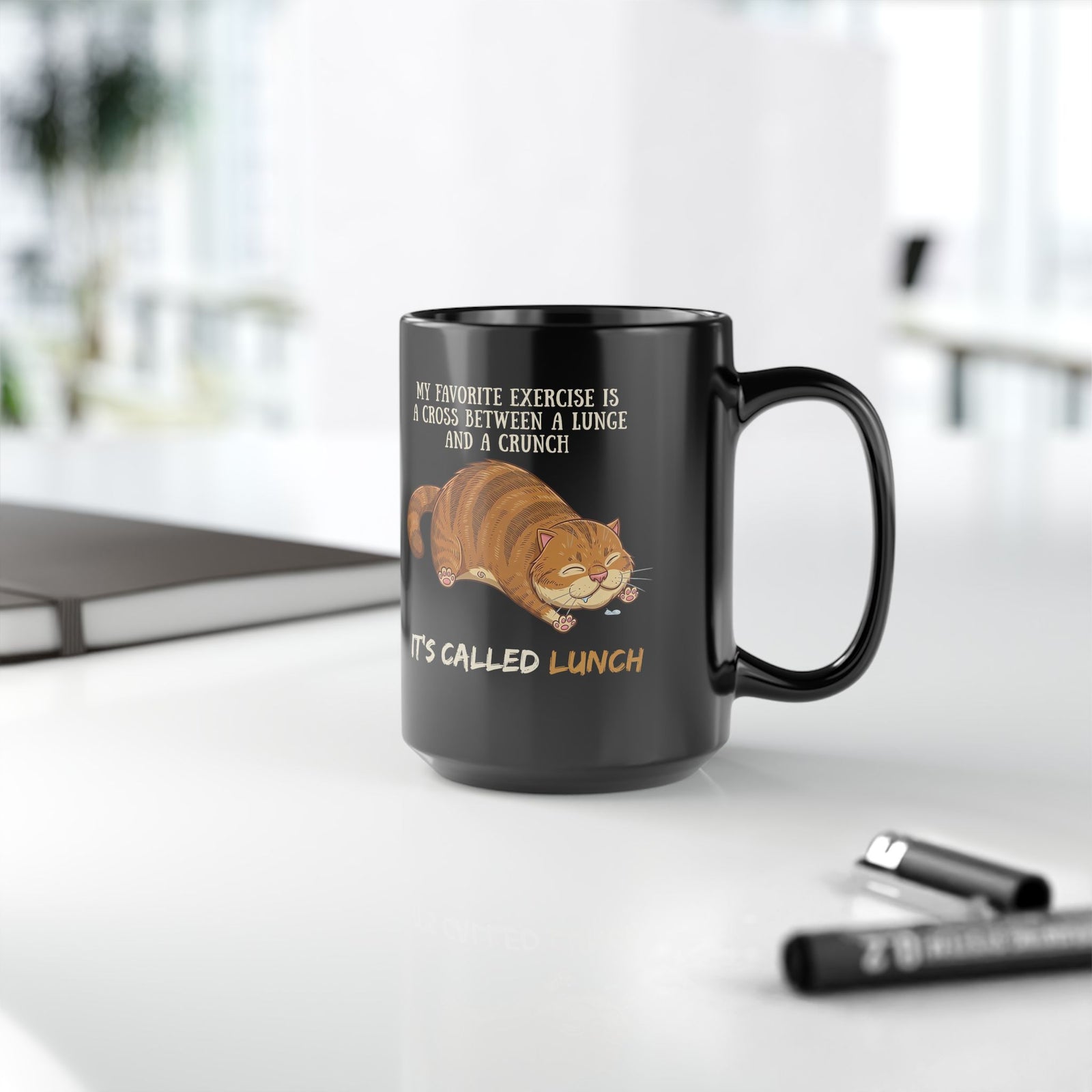 Funny Workout Cat Black Mug — "Lunge Crunch Lunch"
