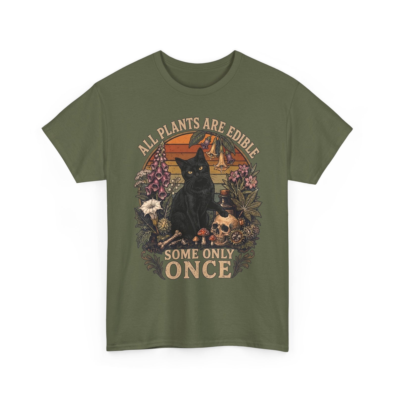 All Plants Are Edible Some Only Once T-Shirt — Funny Black Cat Botanical Tee